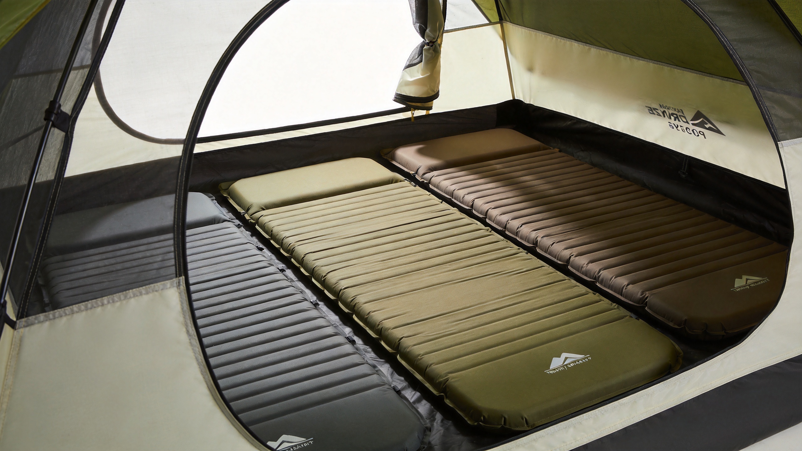 Sleeping pads arranged side by side inside an outdoor tent illustrating capacity rating measurement