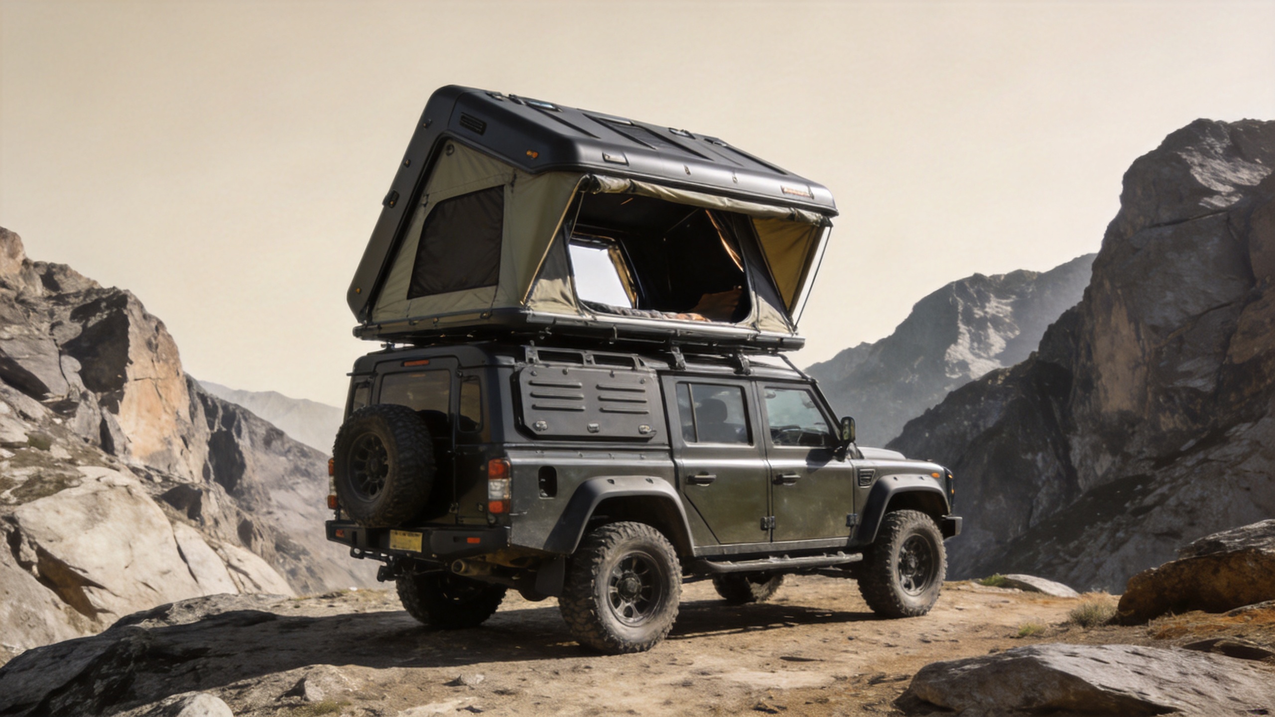 Overlander tent mounted on off-road vehicle in extreme mountain terrain