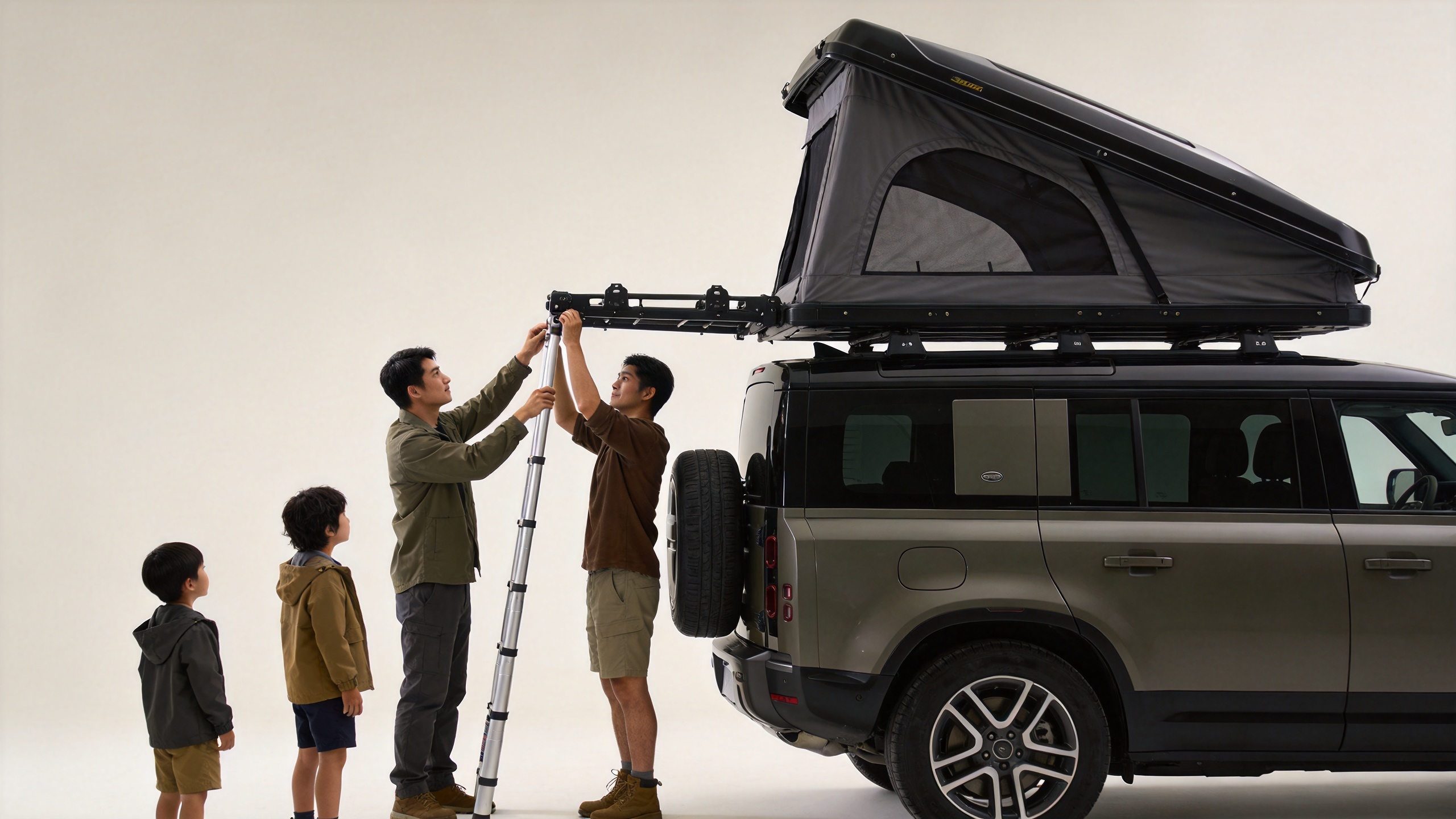 Family checking hard roof top tent fitment and ladder setup