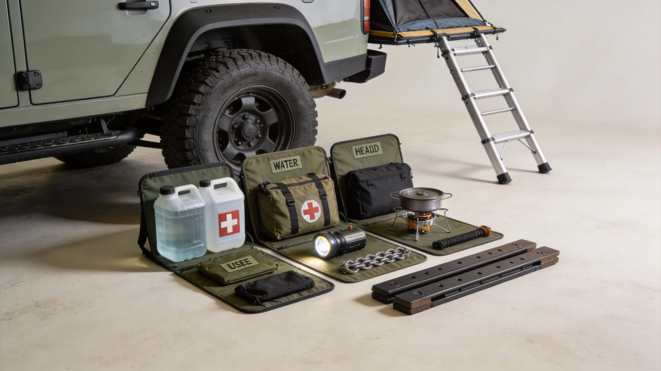 Overland camping equipment organized beside a vehicle