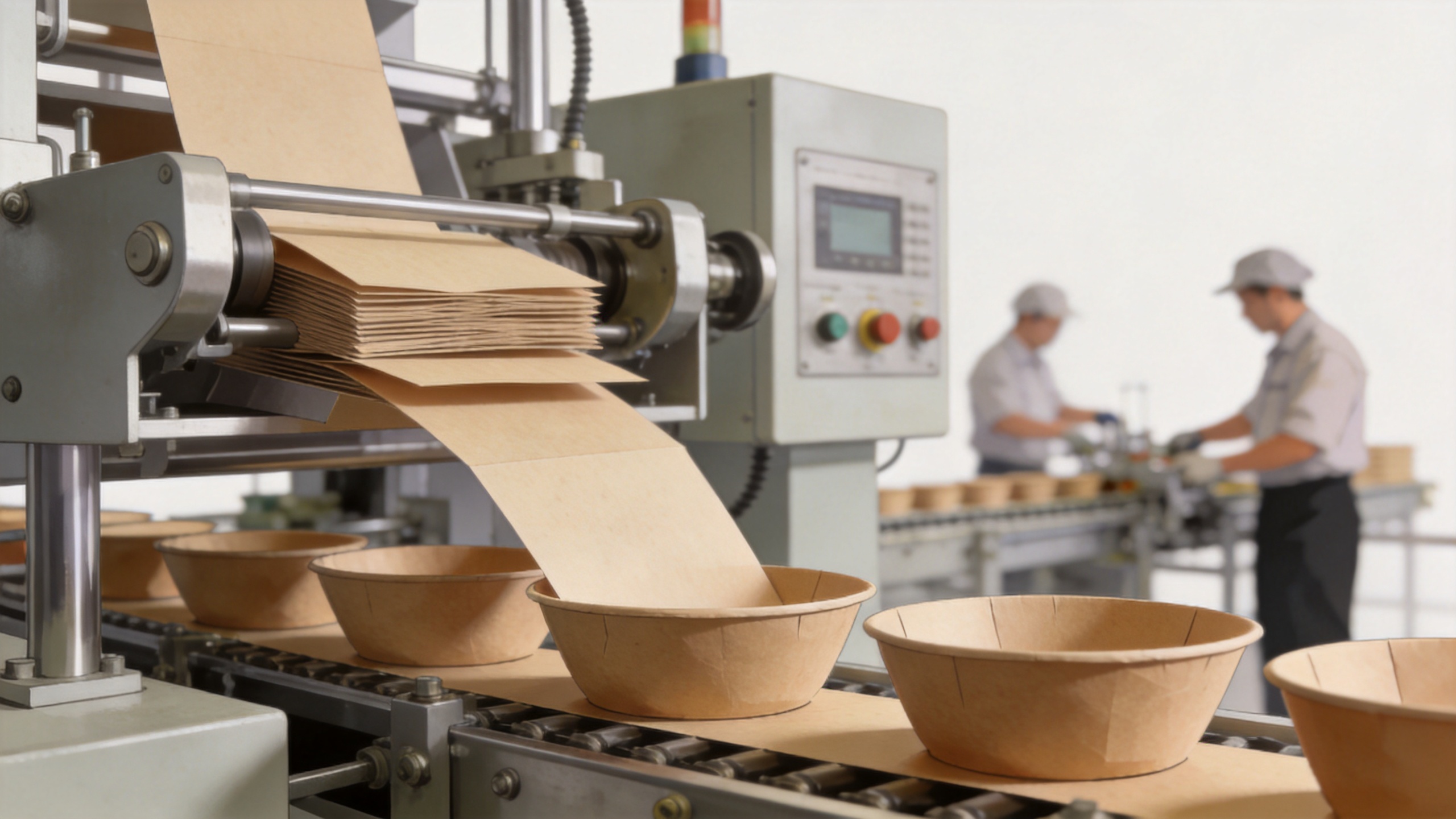 Paper bowl machine forming line with paper feeding and bowl production stations