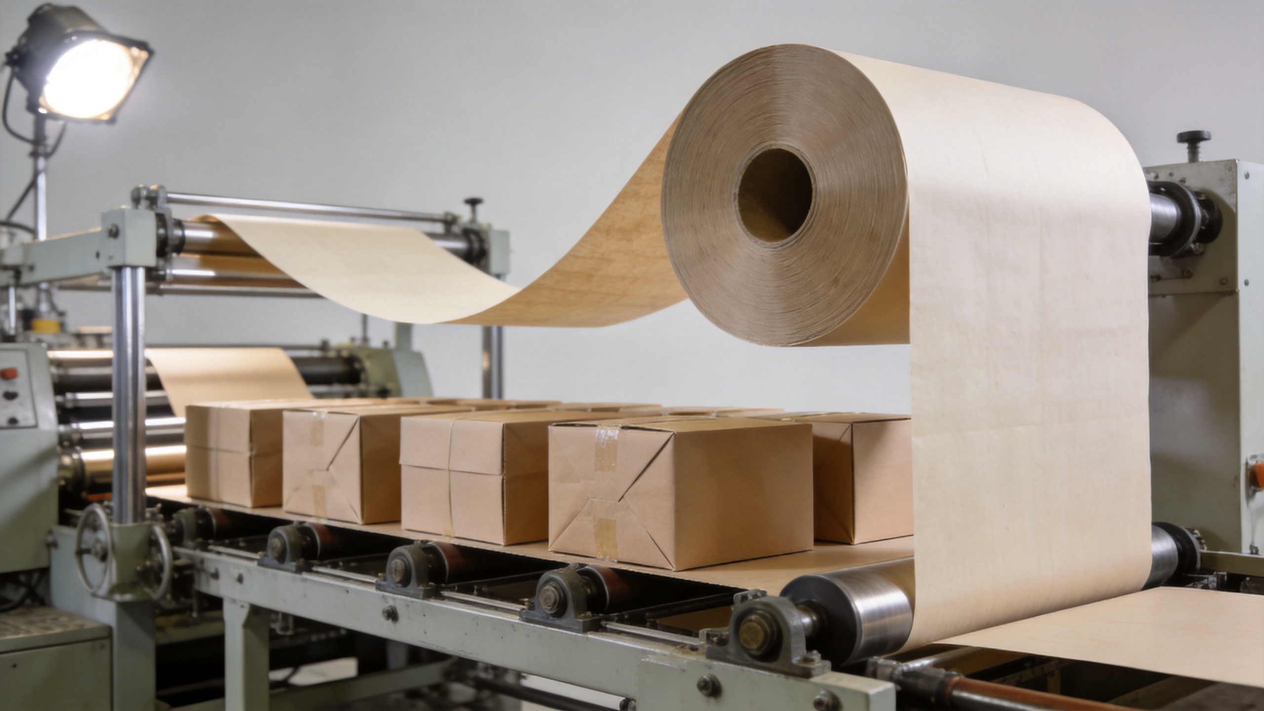 Paper converting machine moving paper web into packaging-ready formats