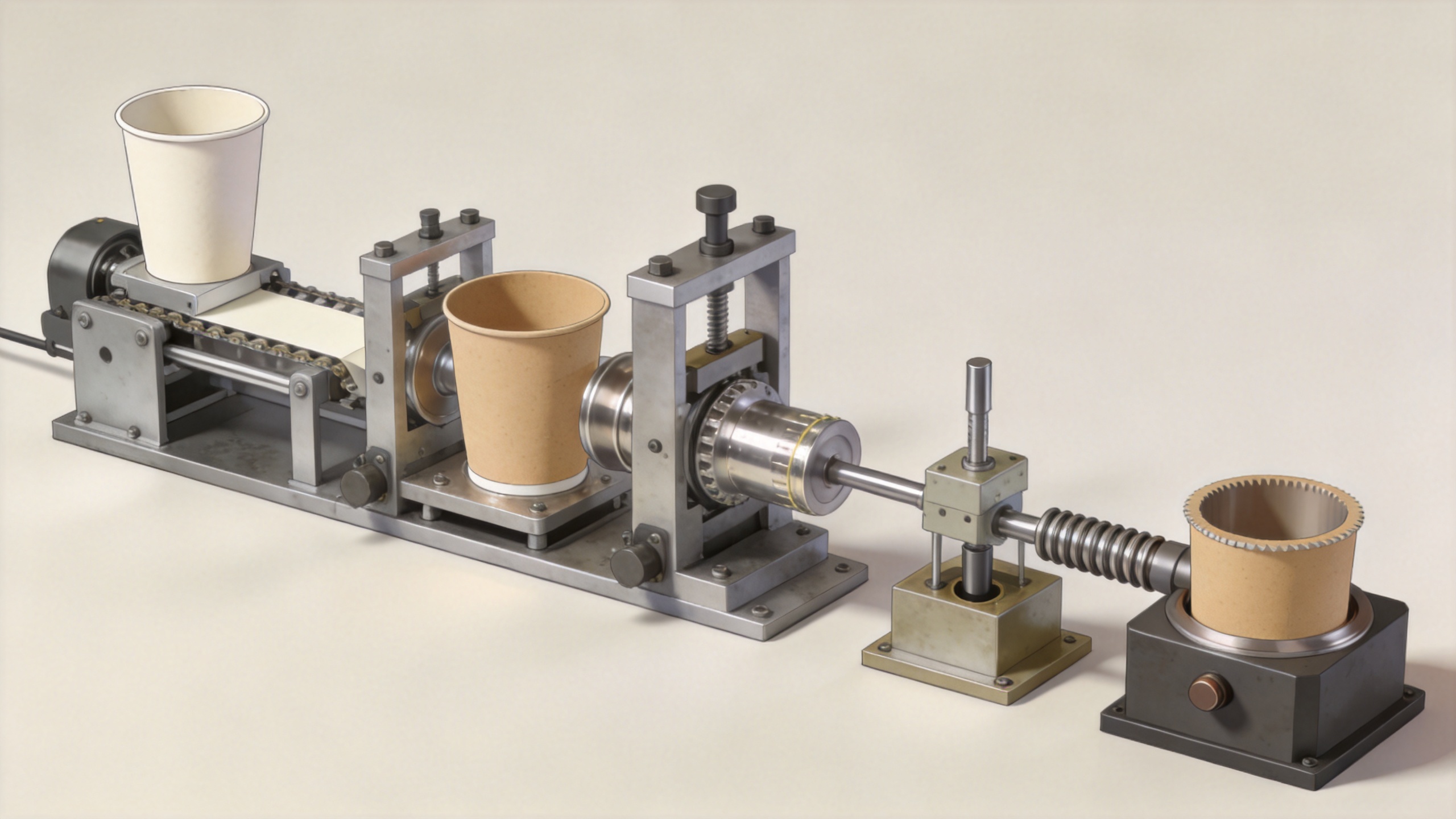 Paper cup machine stations for feeding, forming, sealing, and bottom attachment