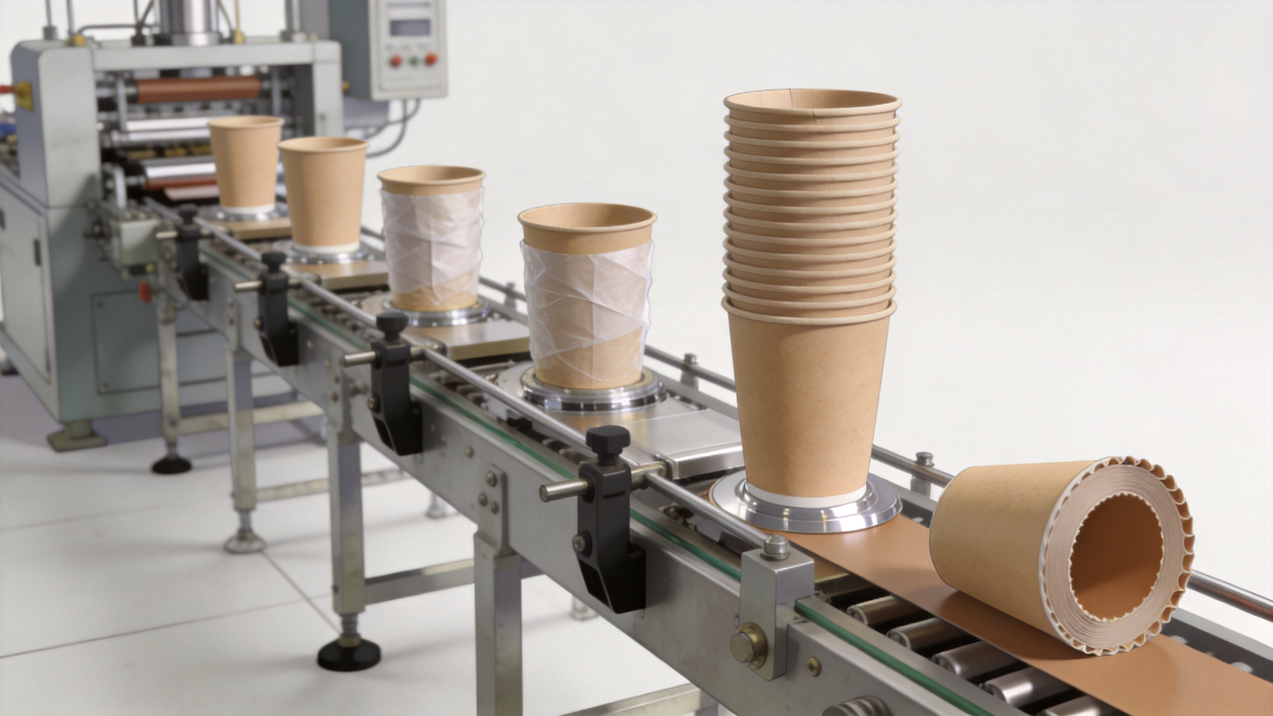 Paper cup making machine moving formed cups through a production line
