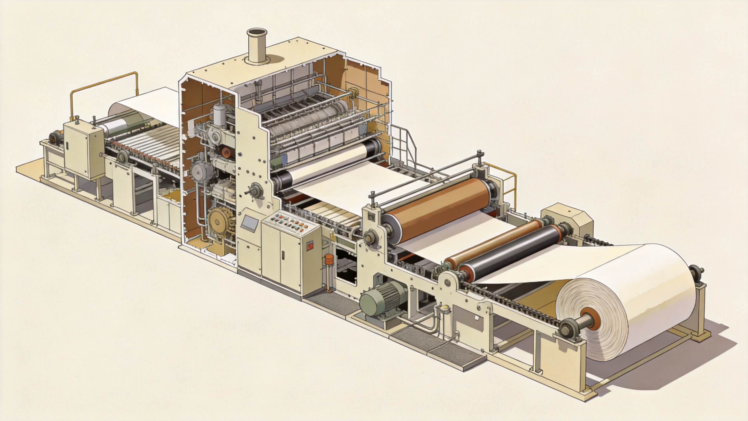Paper machinery system with forming, press, dryer and winding sections