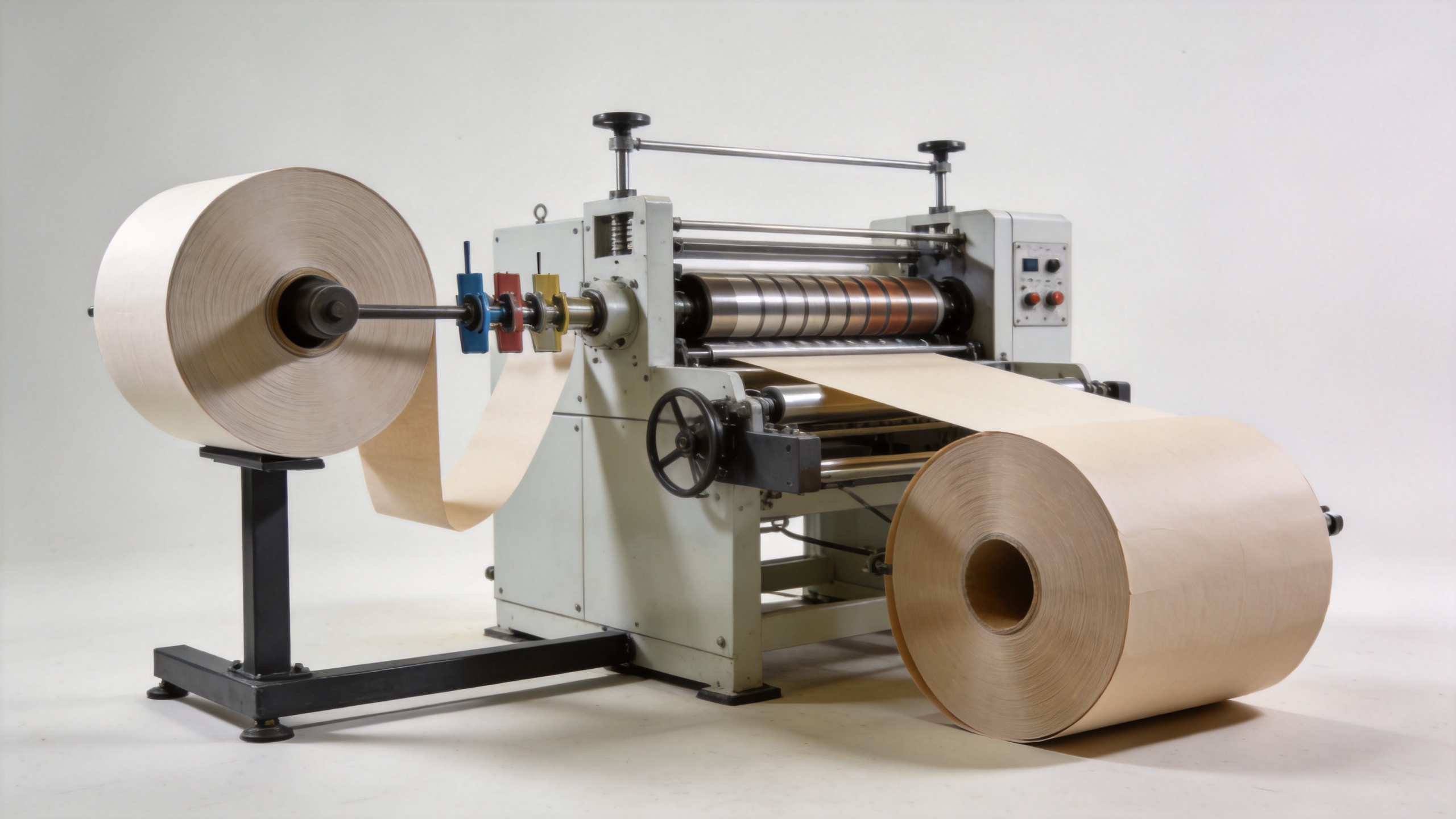 Paper converting machine with unwind, slitting, and rewind stations
