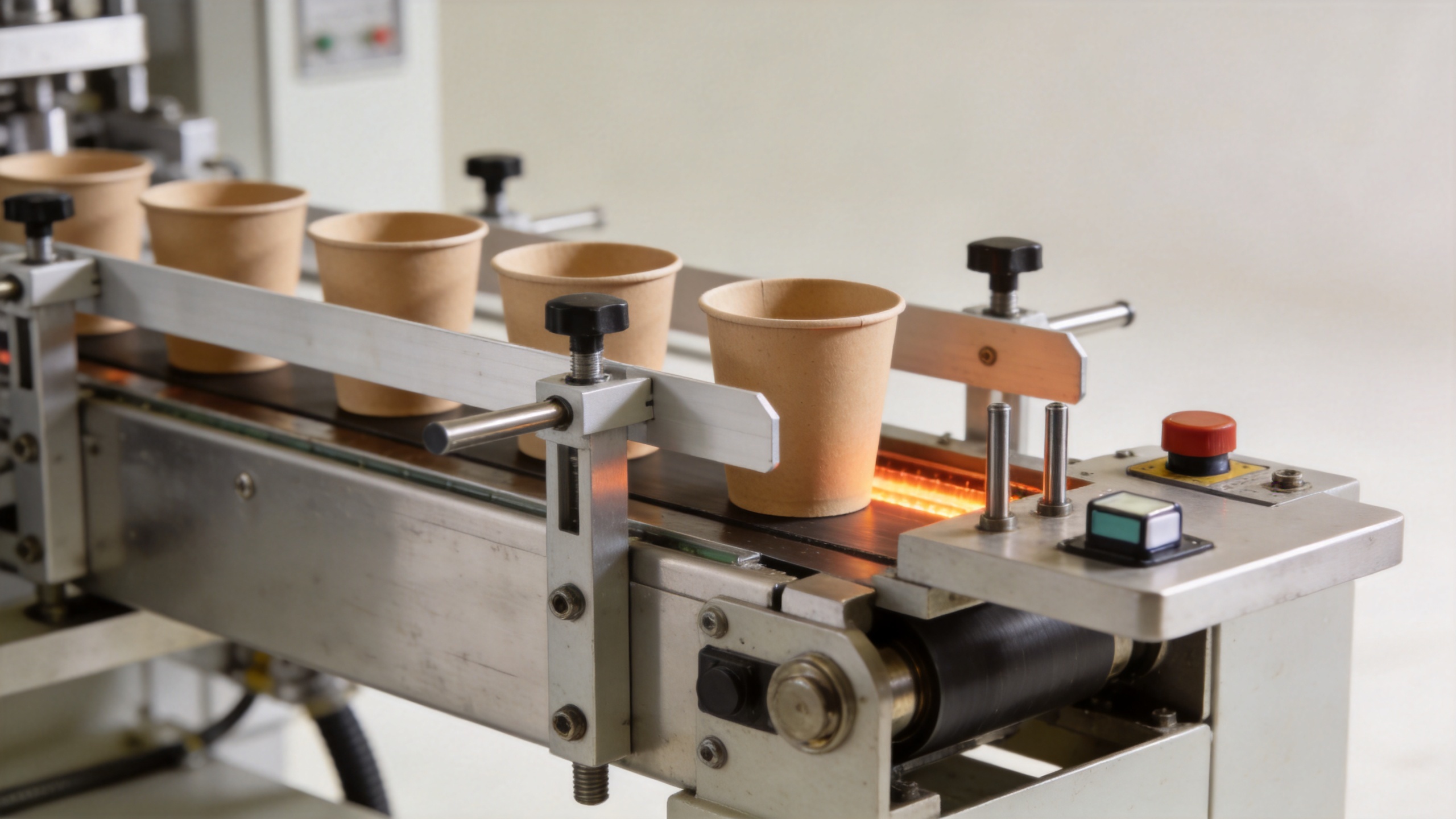Cup manufacturing machine forming station with feed guides and control sensors