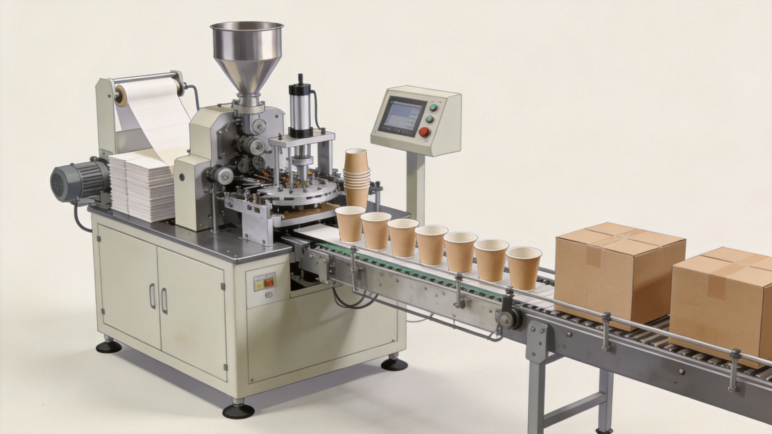Paper cup machine in a continuous paper container production line