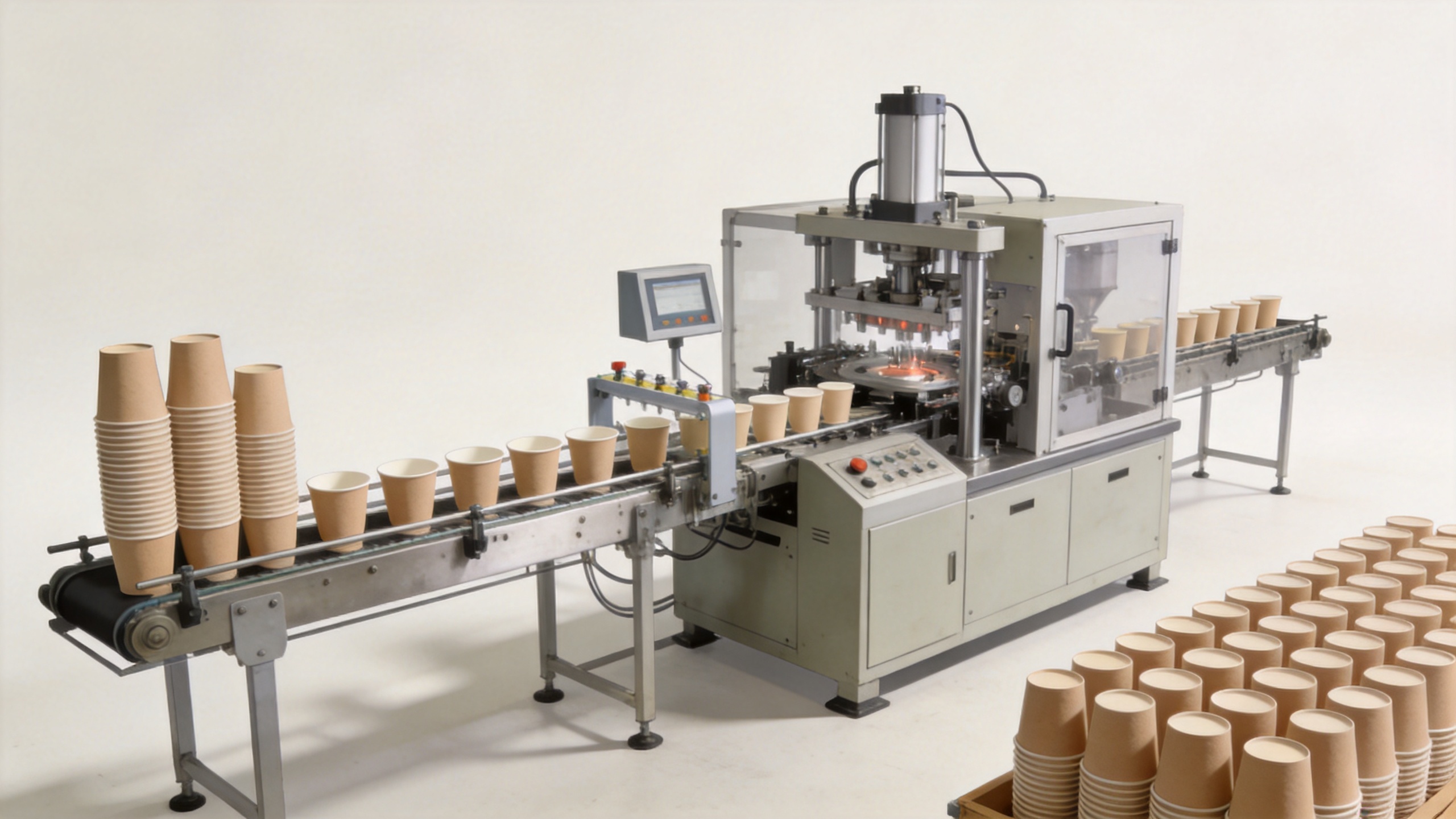 Paper cup making machinery workflow through forming and collection
