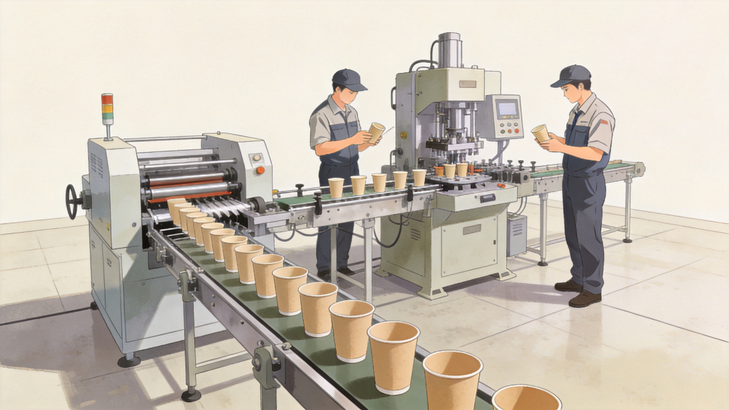 Cup manufacturing machine workflow from blank die cutting to cup forming