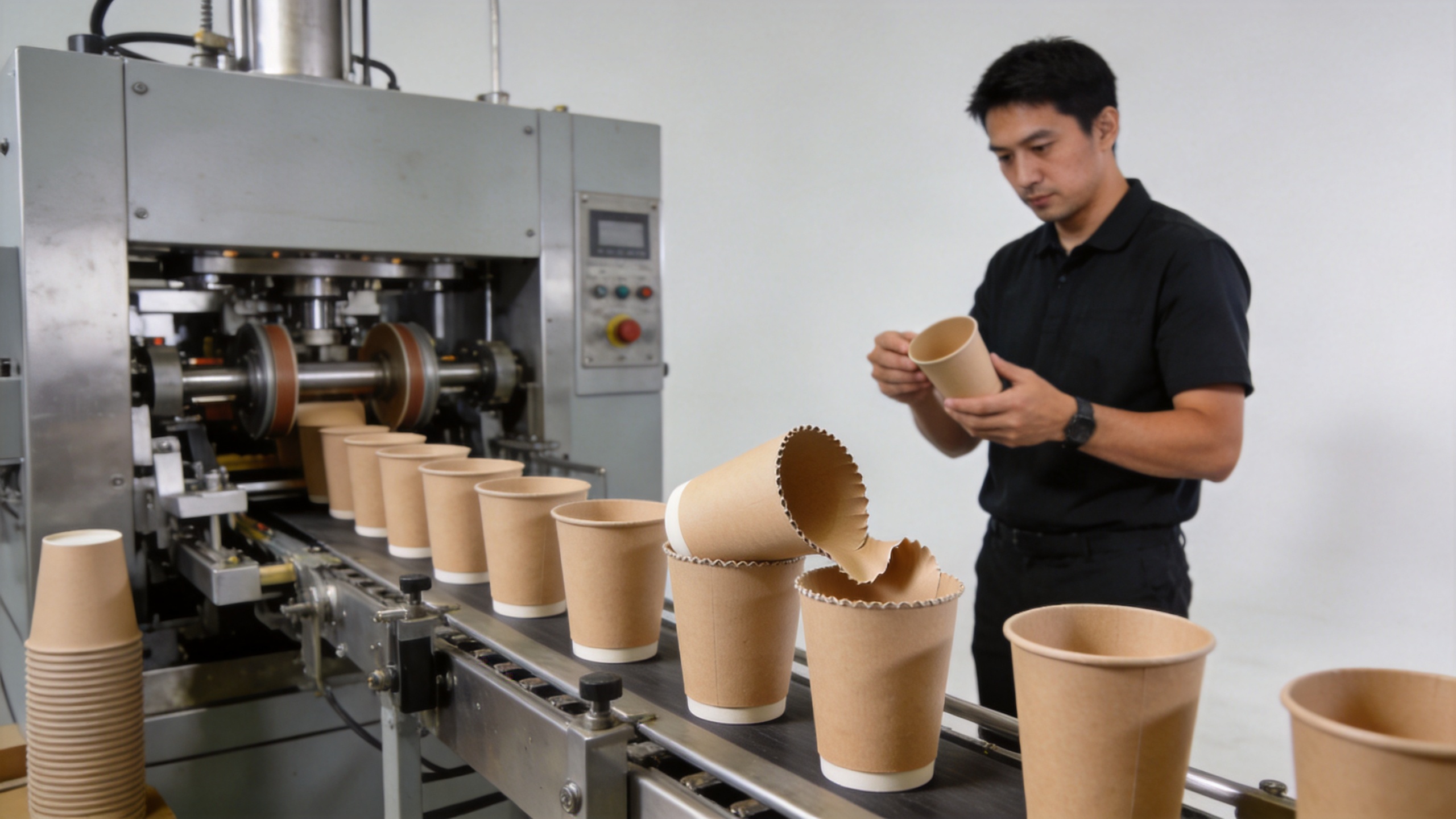 Machine for paper cup production with paperboard blanks and quality inspection