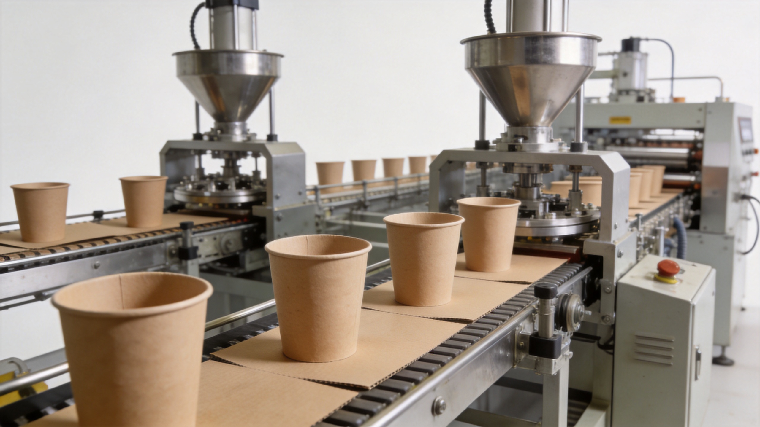 Paper glass machine forming drink cups on a production line