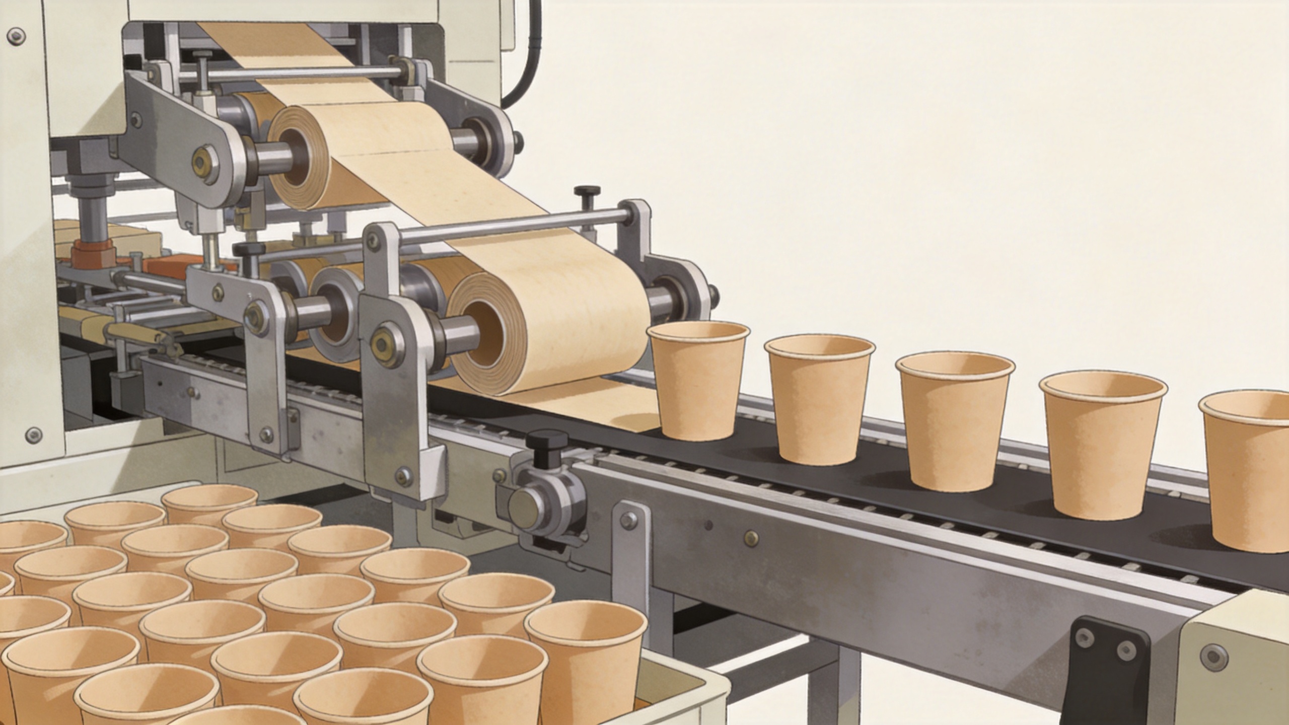 Disposable paper cup making machine feeding paper and collecting finished cups