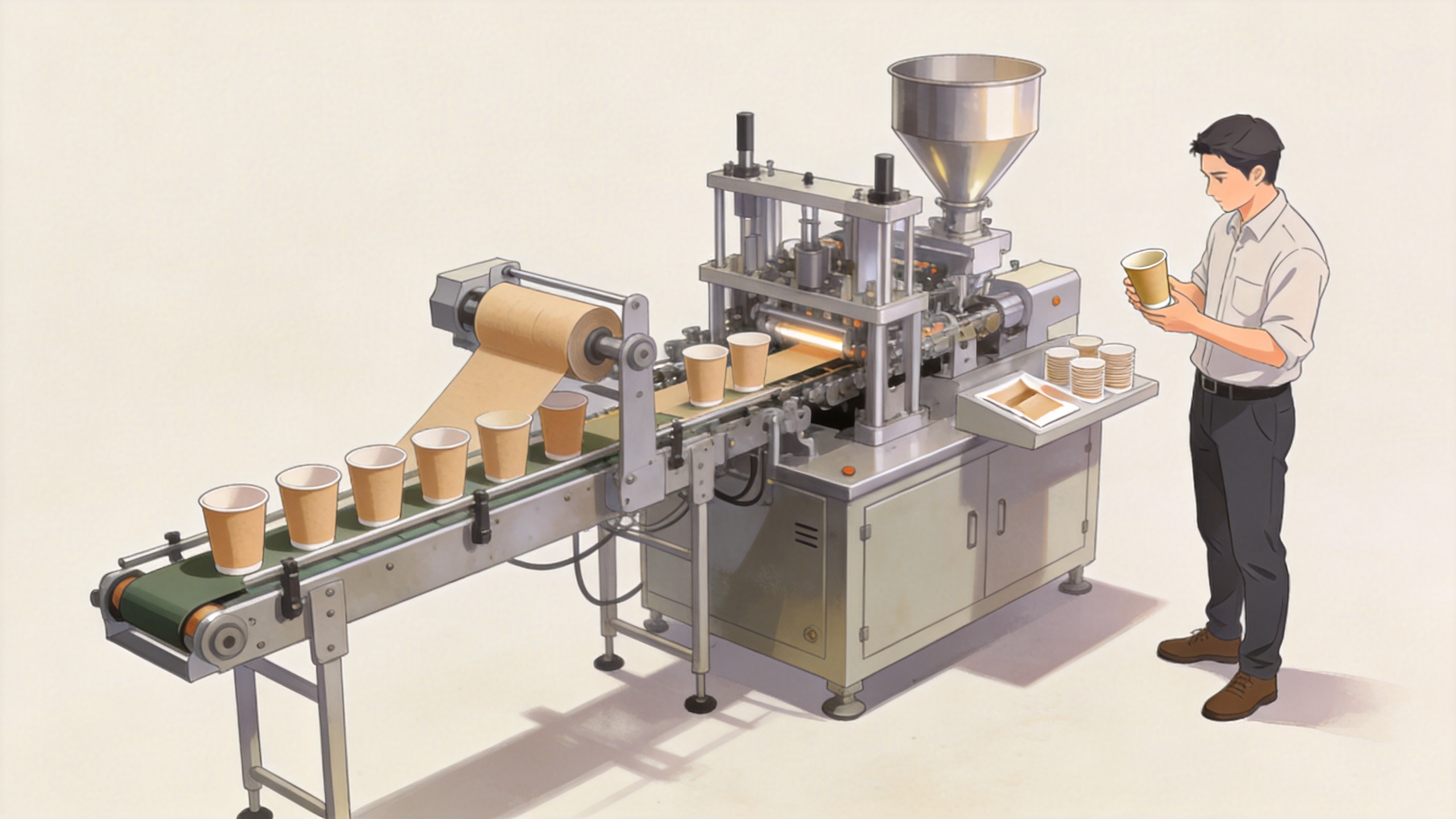 Cup machine operator checking material feed and cup quality