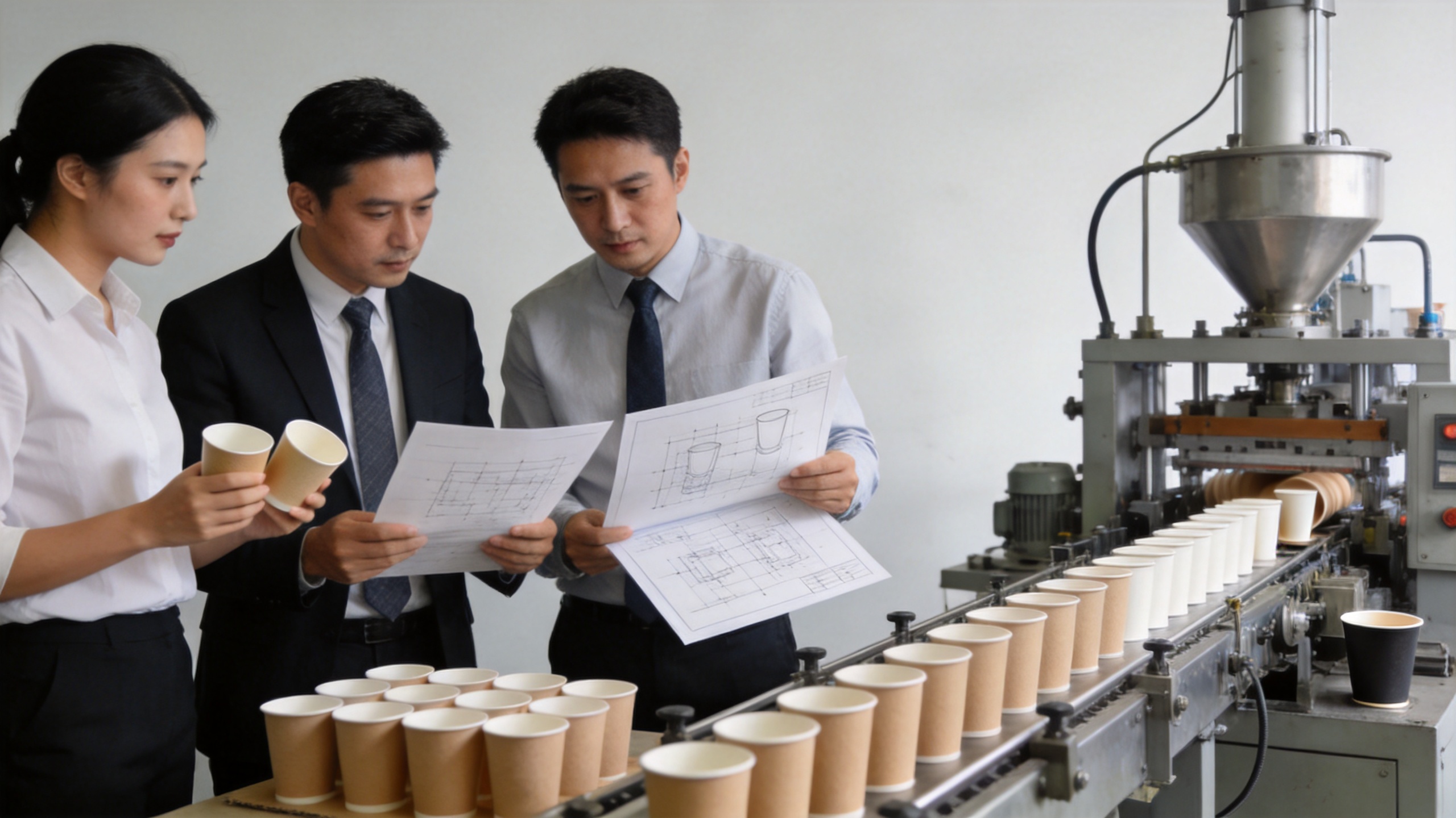 International procurement team reviewing cup machine manufacturing workflow