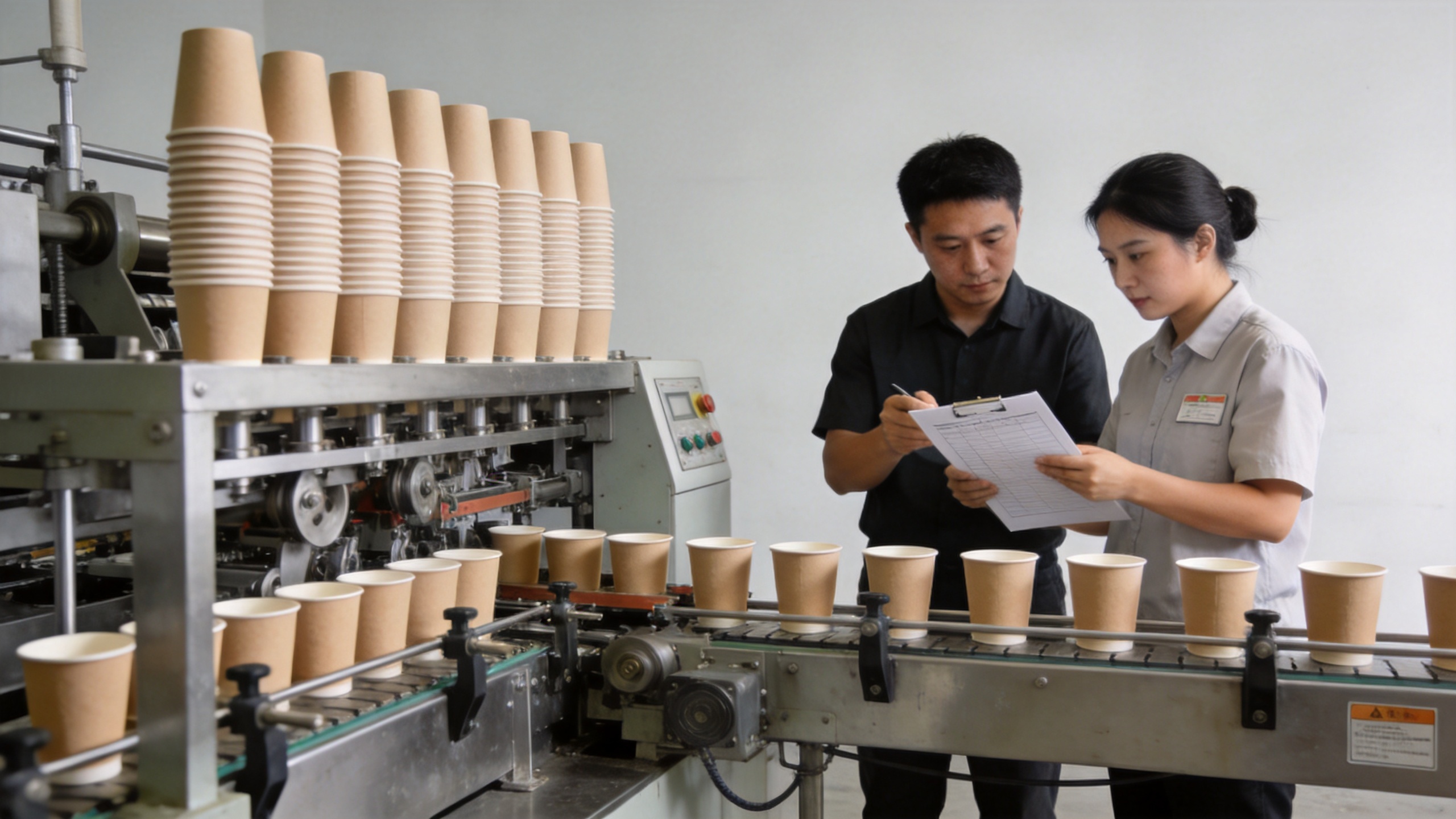 Modern cup machine production workflow in a food-packaging factory