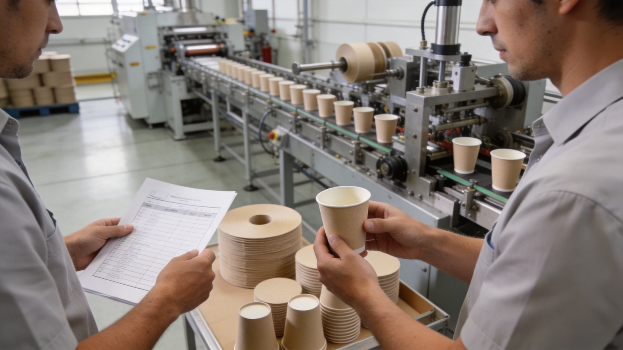 Factory team reviewing paper cups beside a paper cup glass making machine
