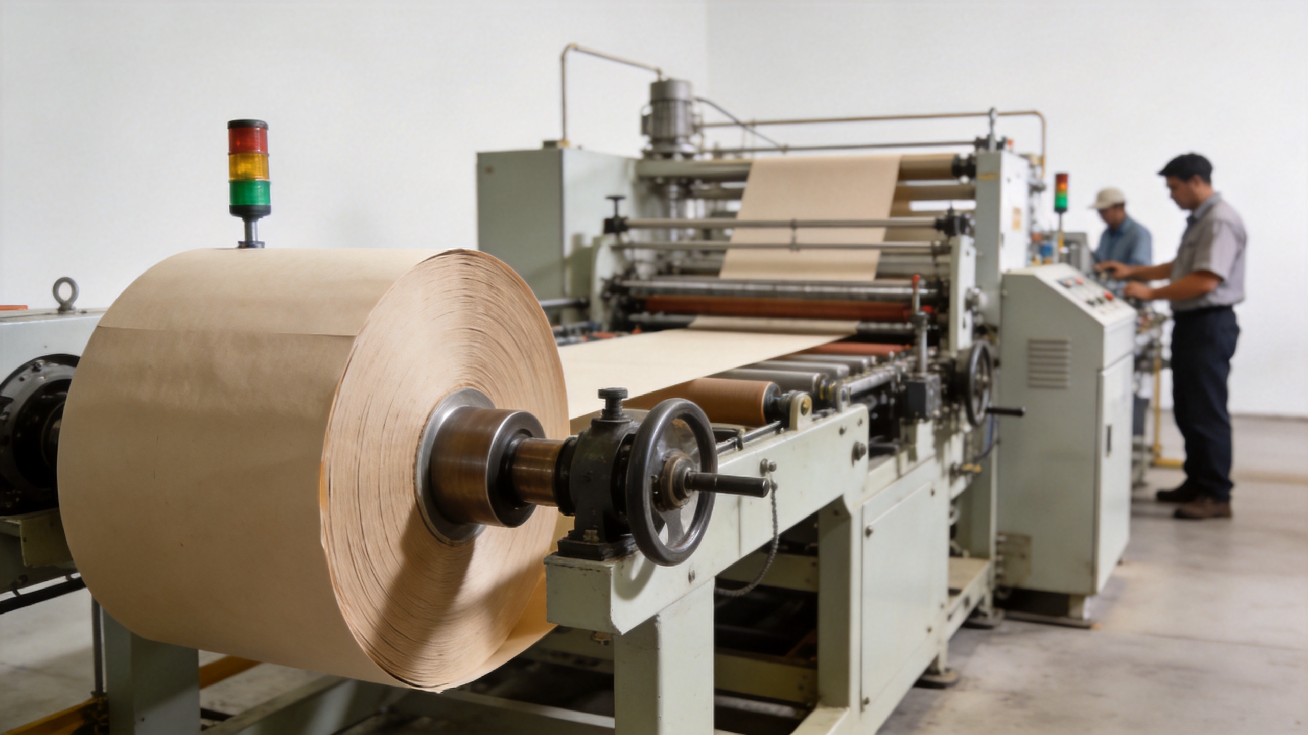 Paper machinery line with a paper roll unwinder and controlled material feed