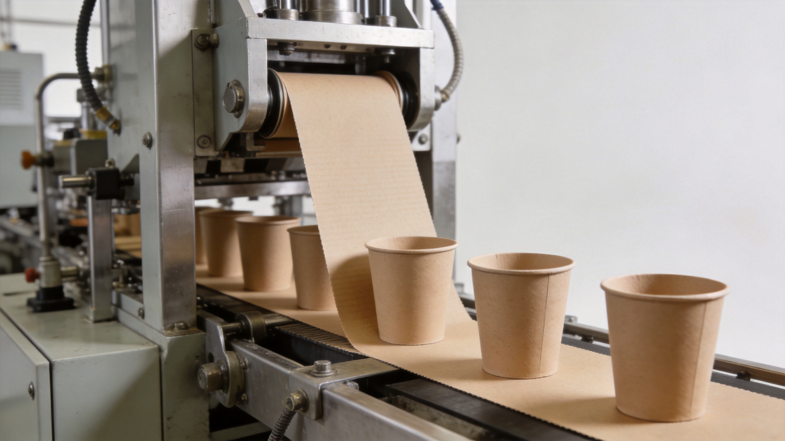 Paper cup machine forming paperboard beverage cups in a food-packaging mill