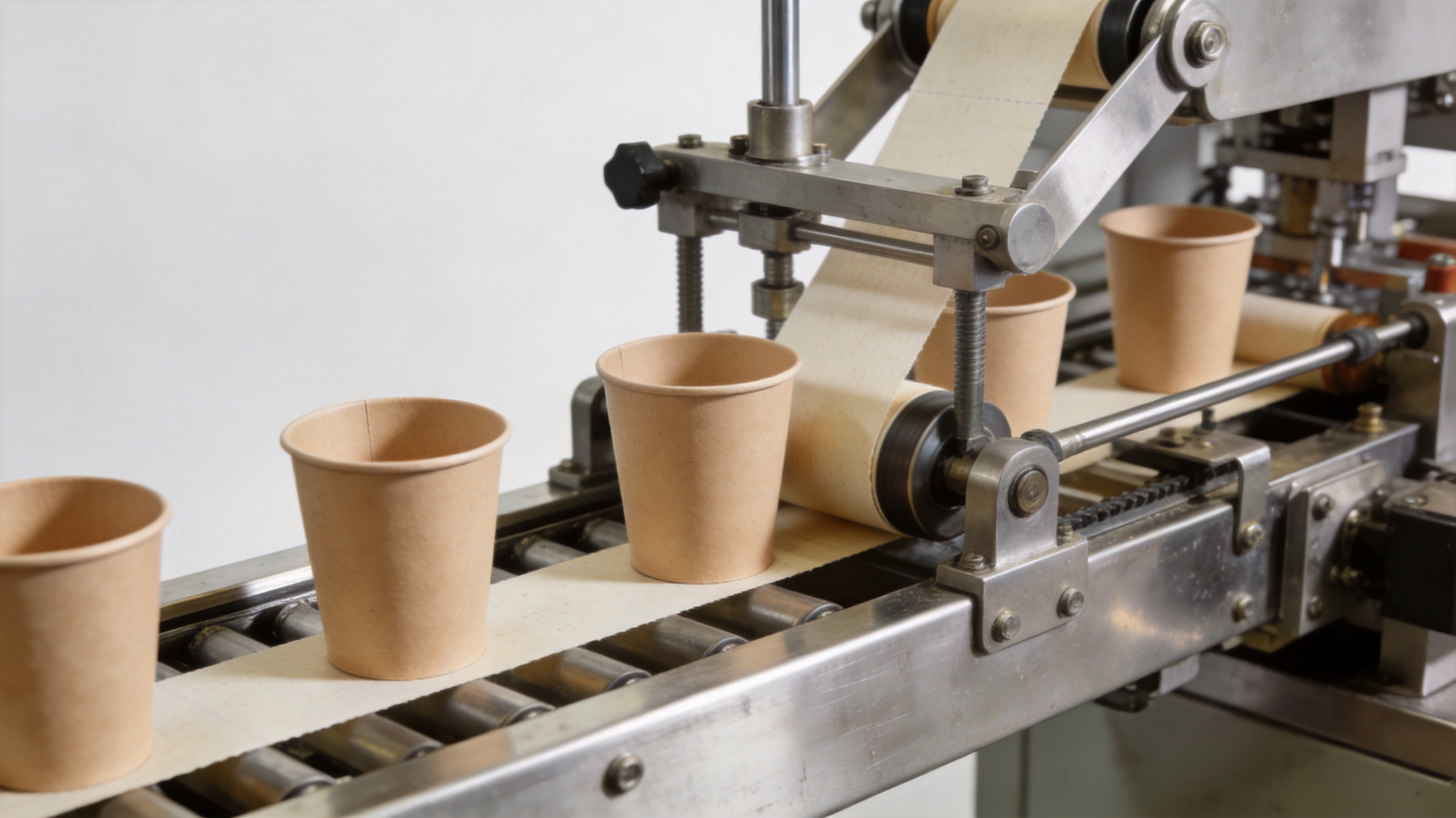 Paper cup forming machine transferring cups through a production station