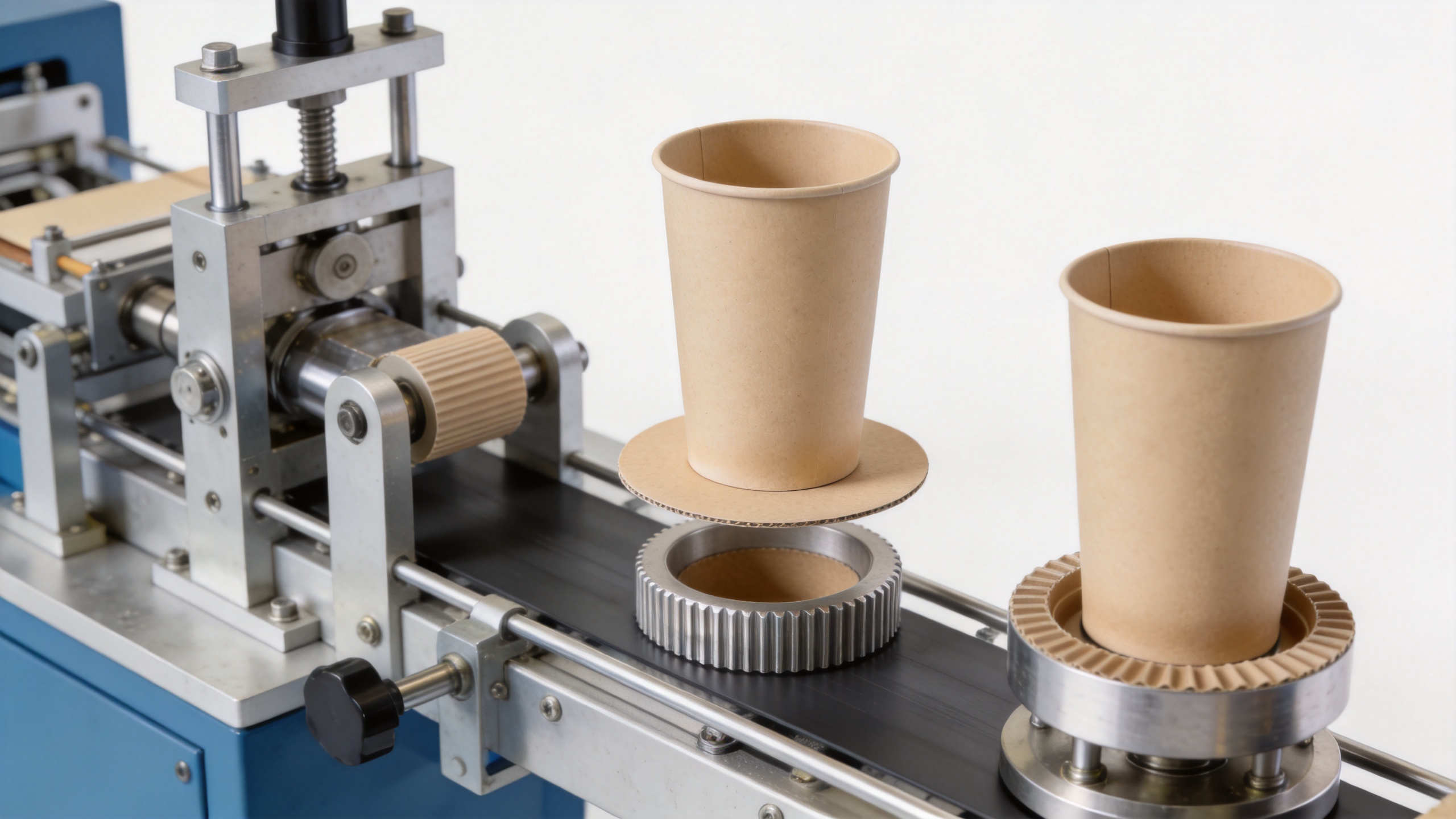 Paper cup forming machine stations for body forming, bottom knurling, and rim curling