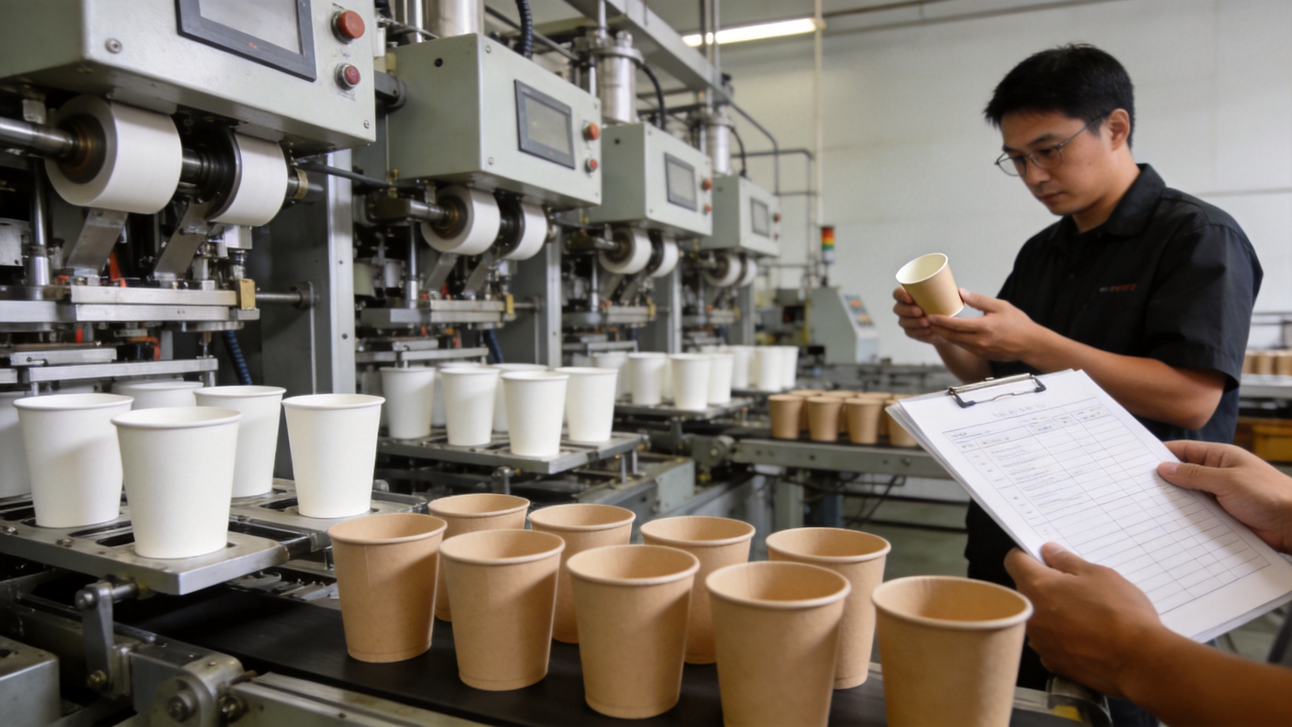 Paper cup forming machine stations and cup sample inspection