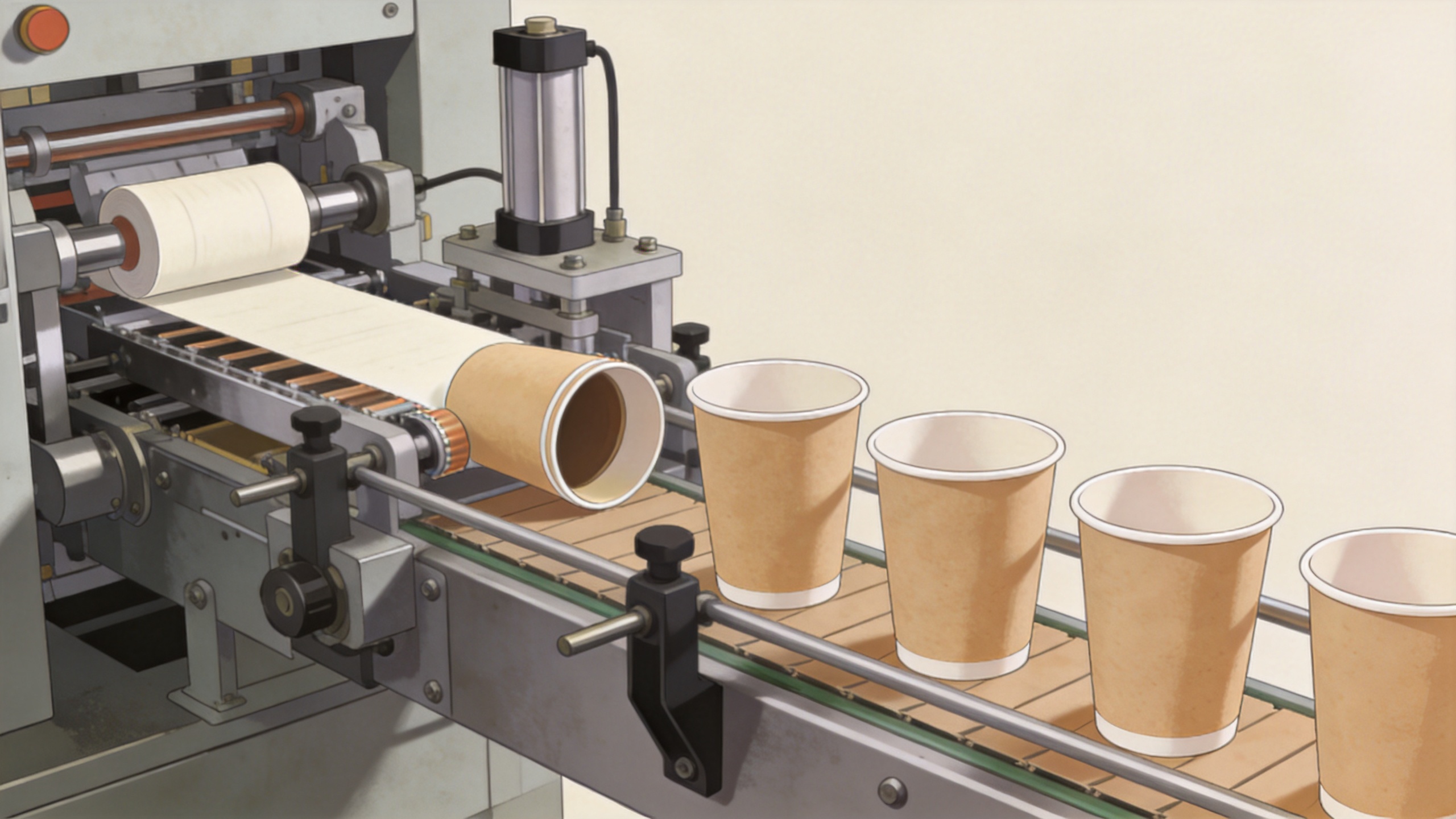 Paper glass machine engineering line with blank feed, seam sealing, and cup forming