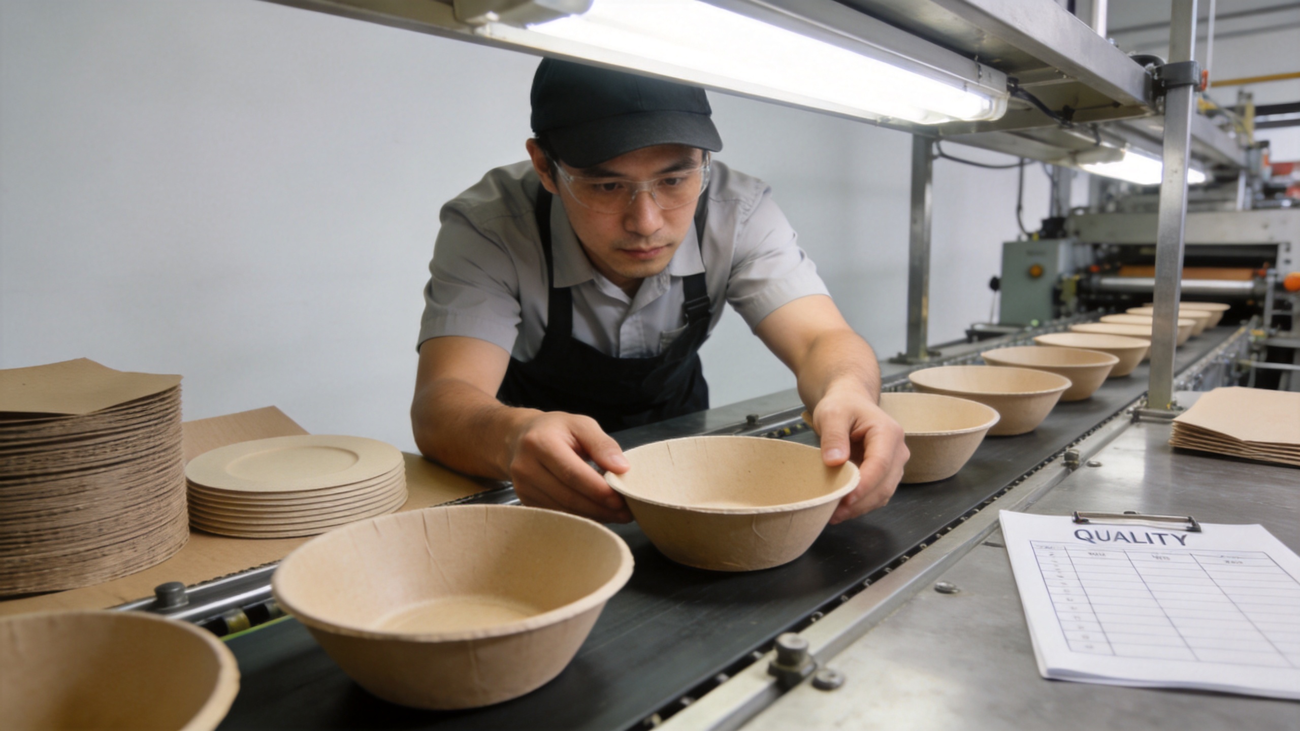 Operator inspecting paper bowl machine output in a food packaging facility