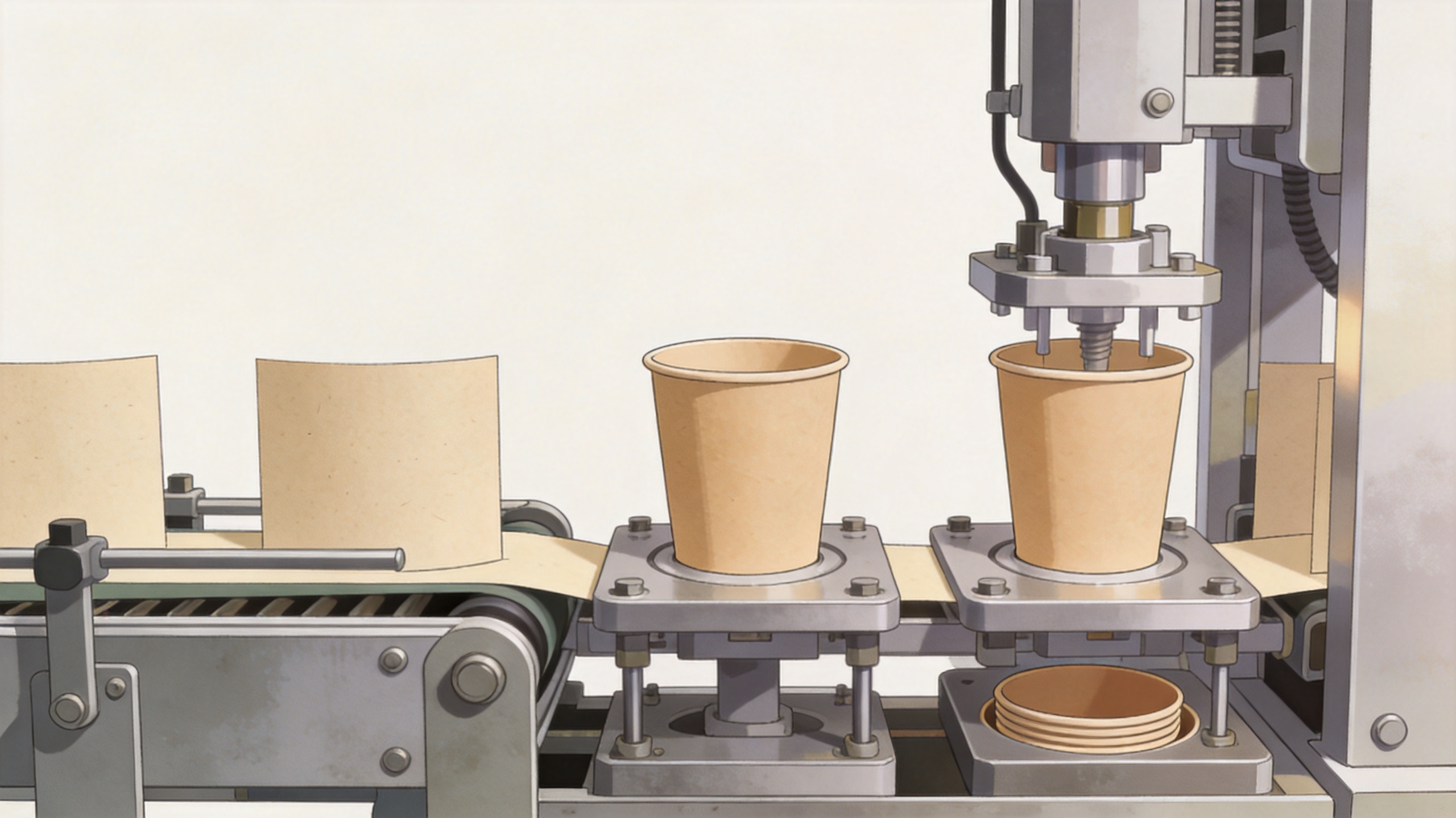 Paper cup forming machine process with cup-body and bottom-forming stages