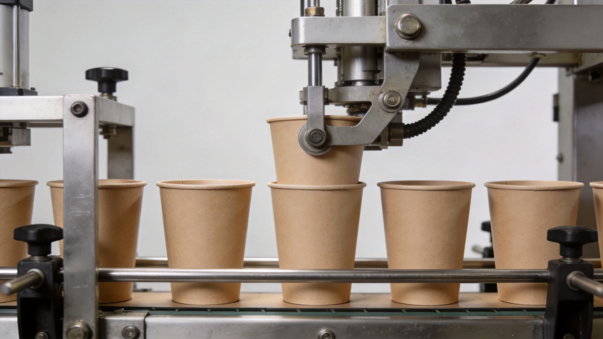Paper cup forming machine shaping cups on a production line
