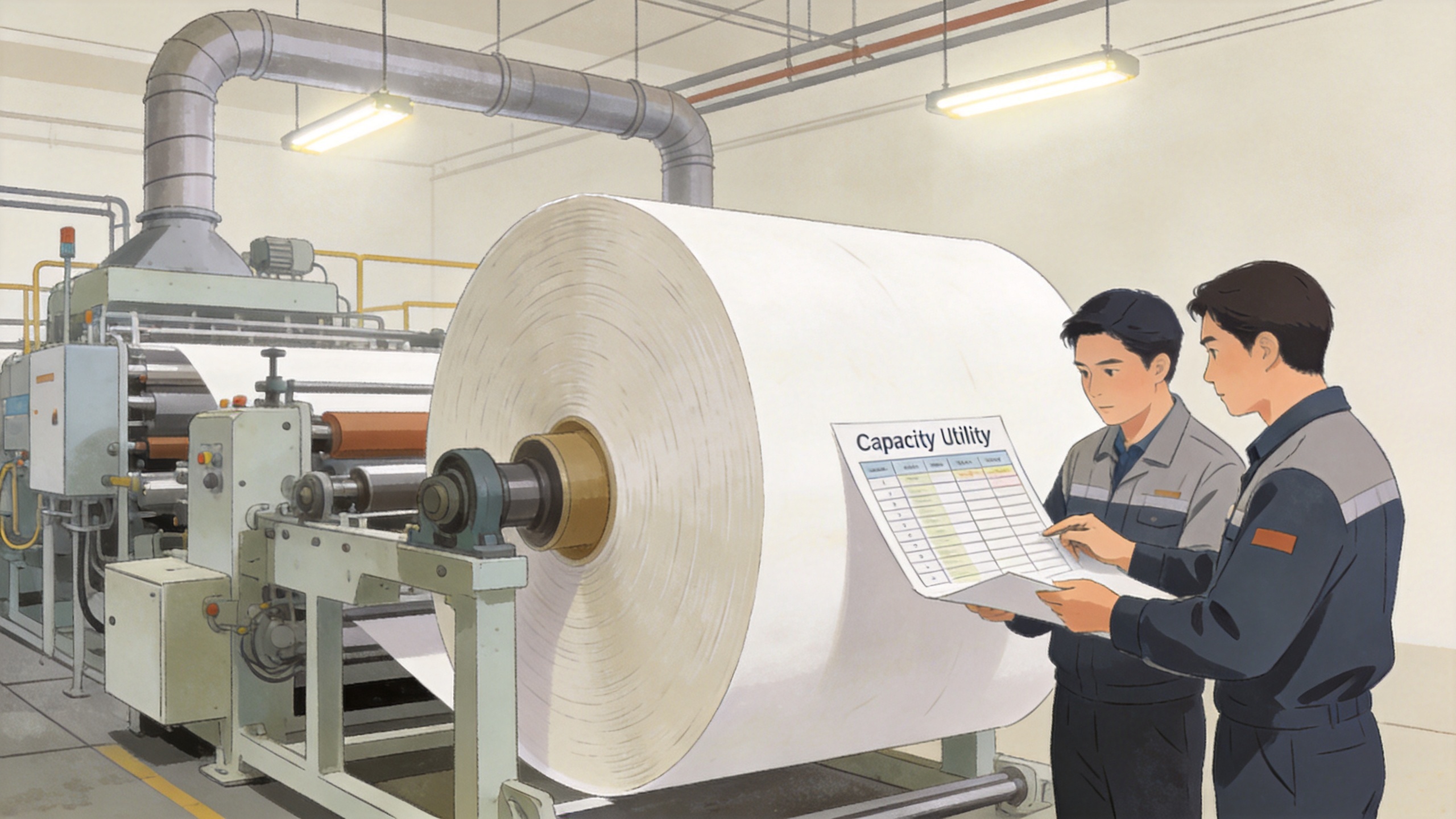 Plant team reviewing paper machinery capacity and utility requirements