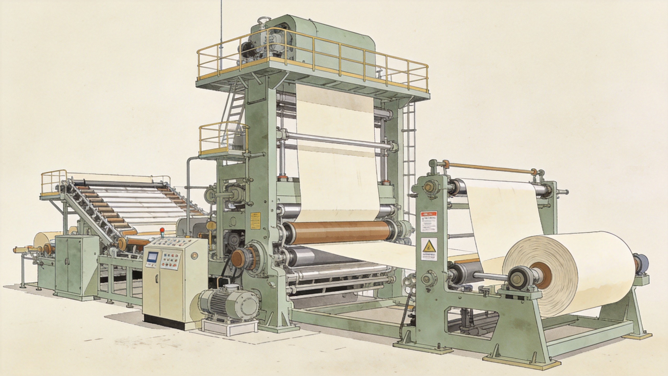 Industrial paper making machine line with forming, press, dryer, and reel sections