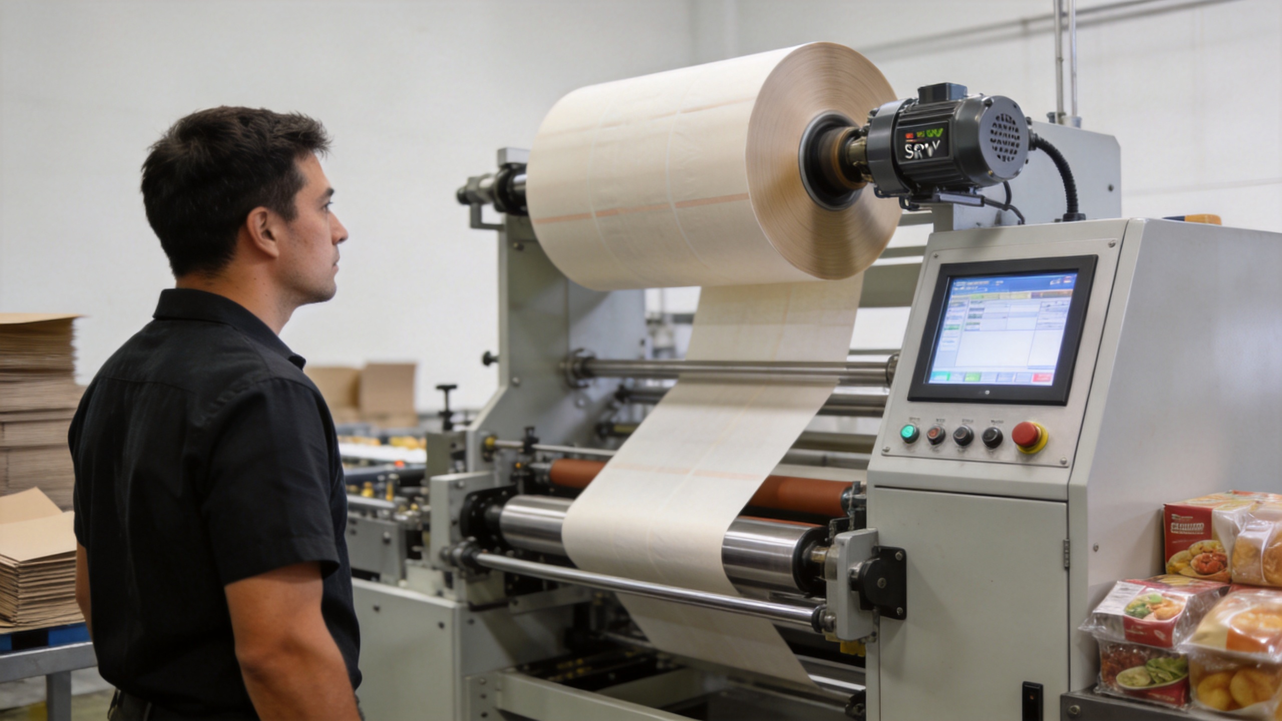 Operator monitoring a modern paper converting machine and web handling system