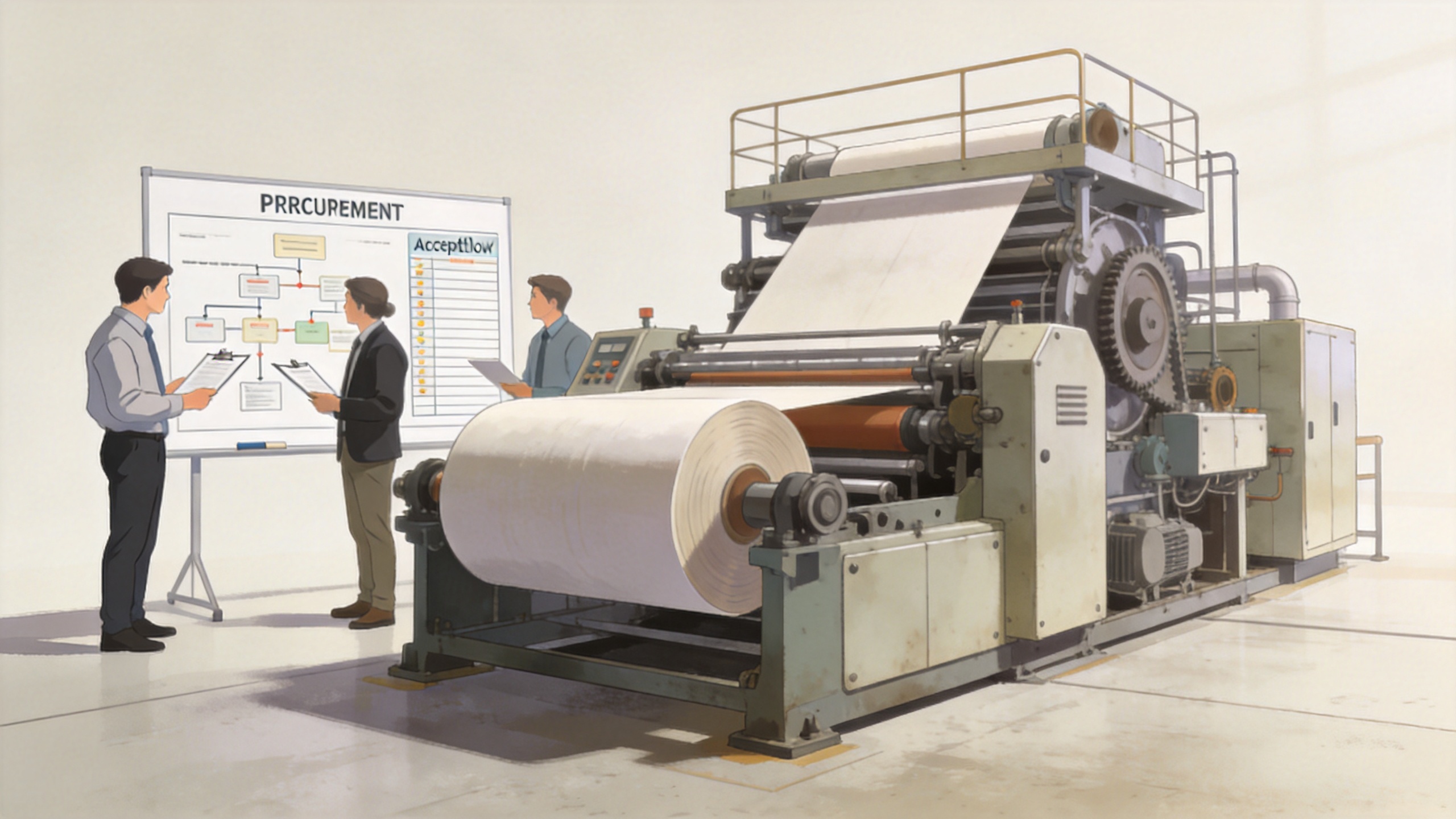 Paper production machine procurement review in an industrial paper line