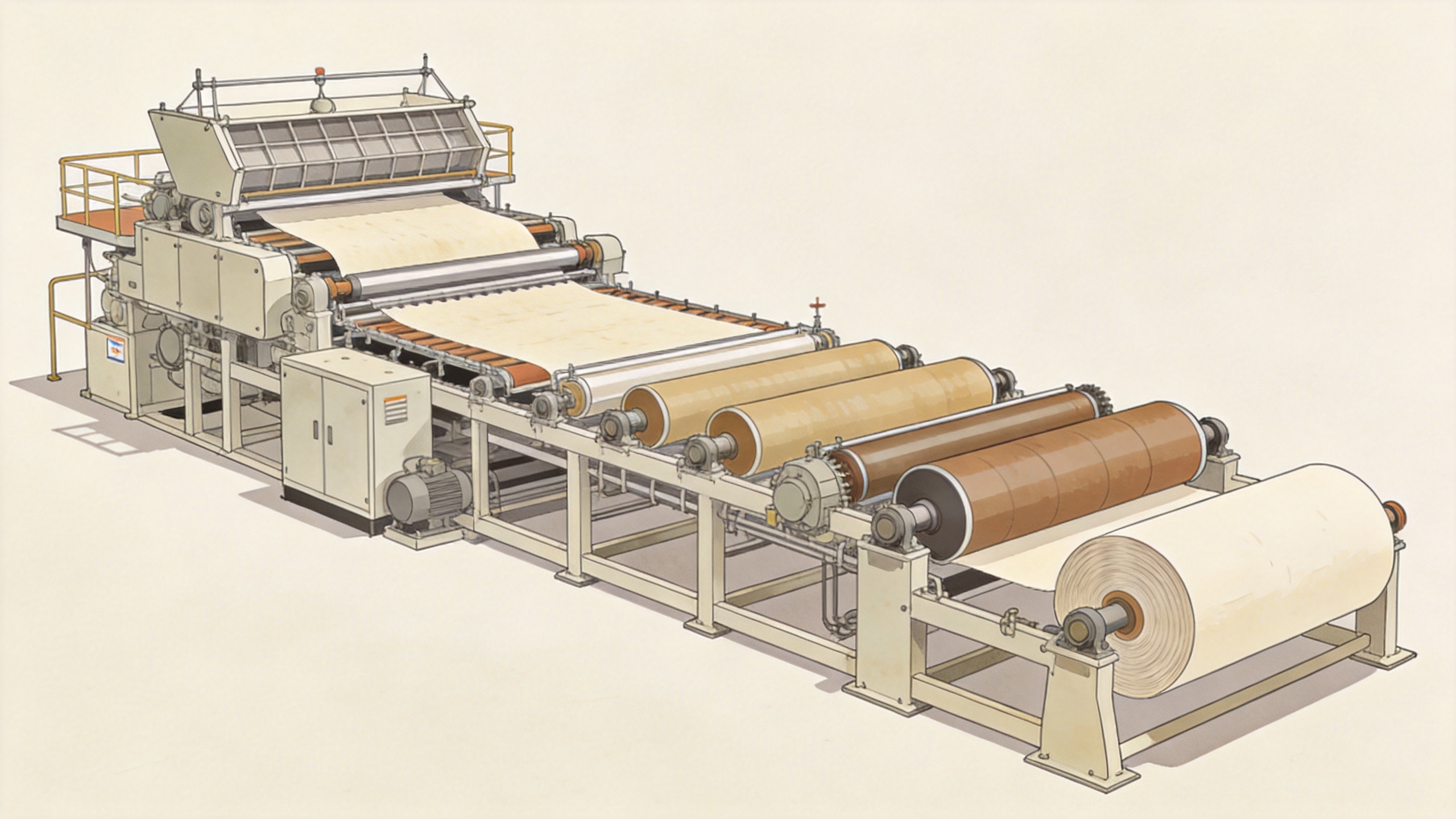 Paper production machine line with forming, press, dryer, and reel sections