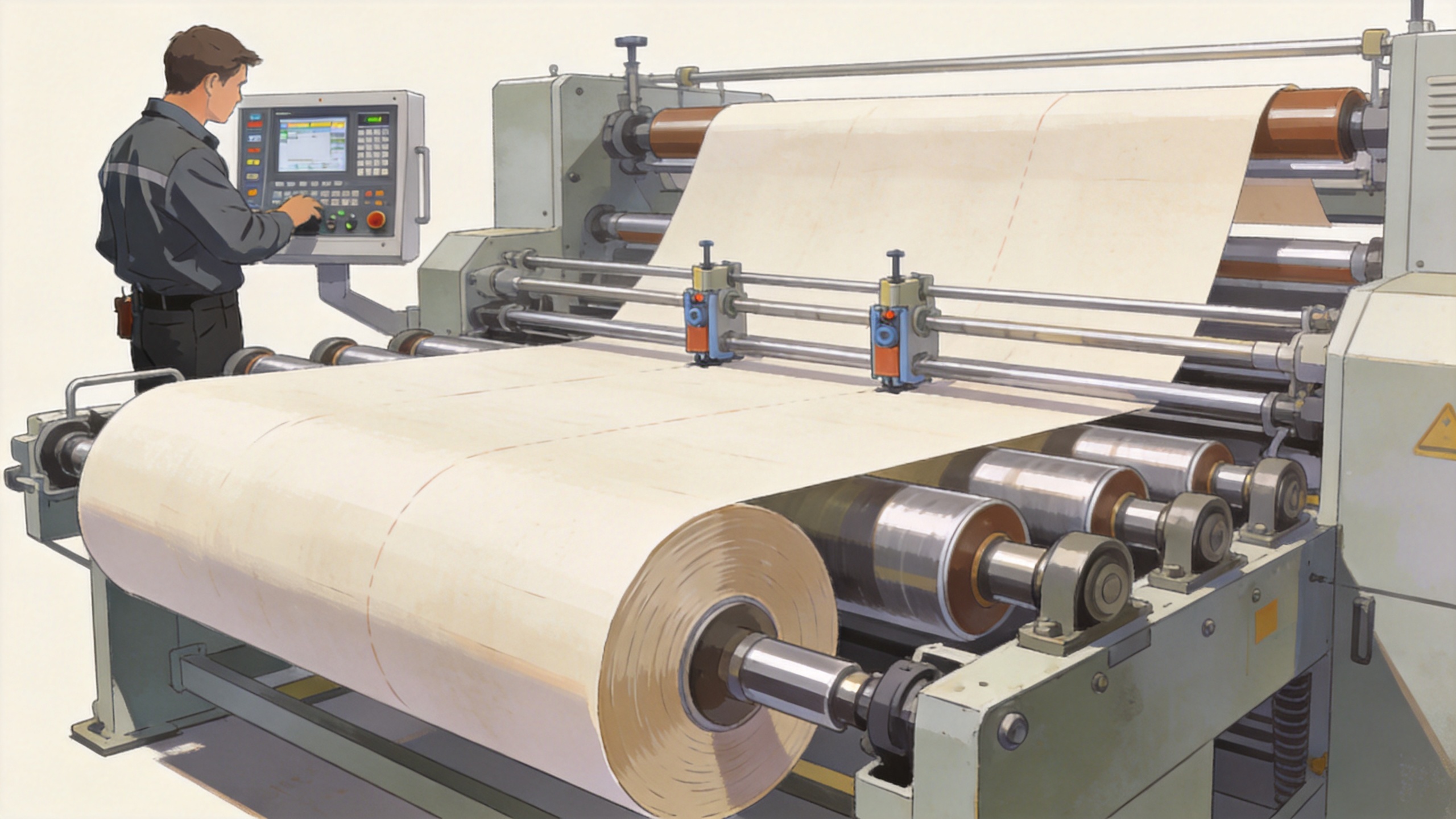 Paper production machine line with aligned rollers and operator controls