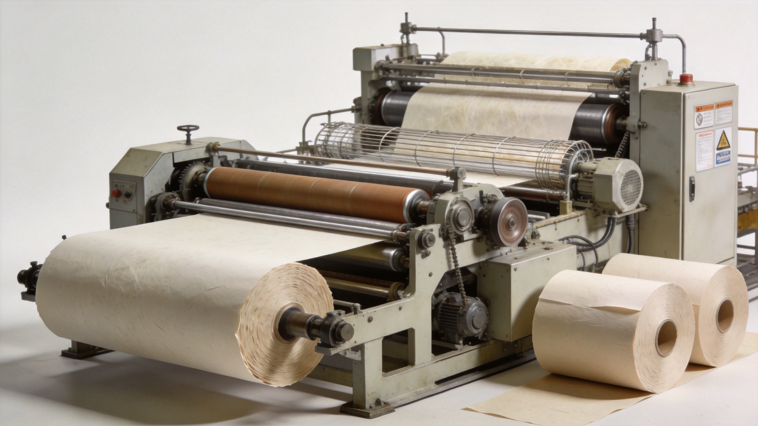 Paper production machine workflow with forming, pressing, drying, and finished reels