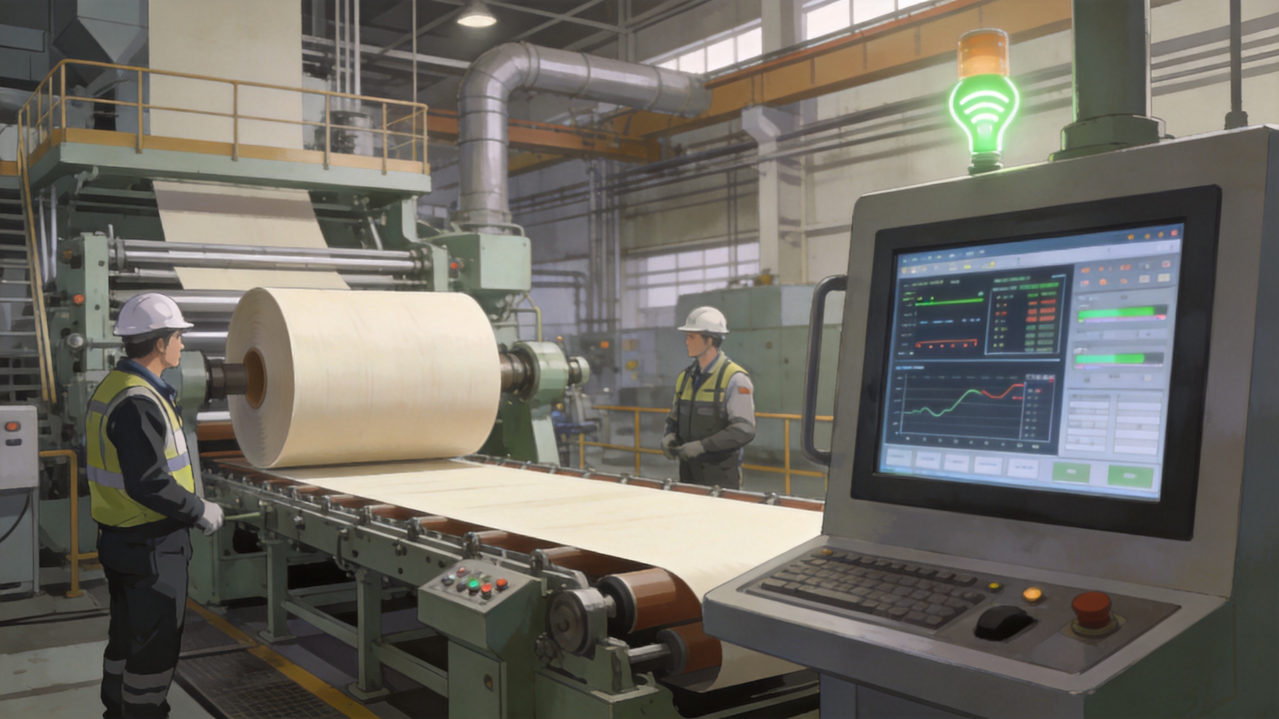 Paper production machine line with production monitoring