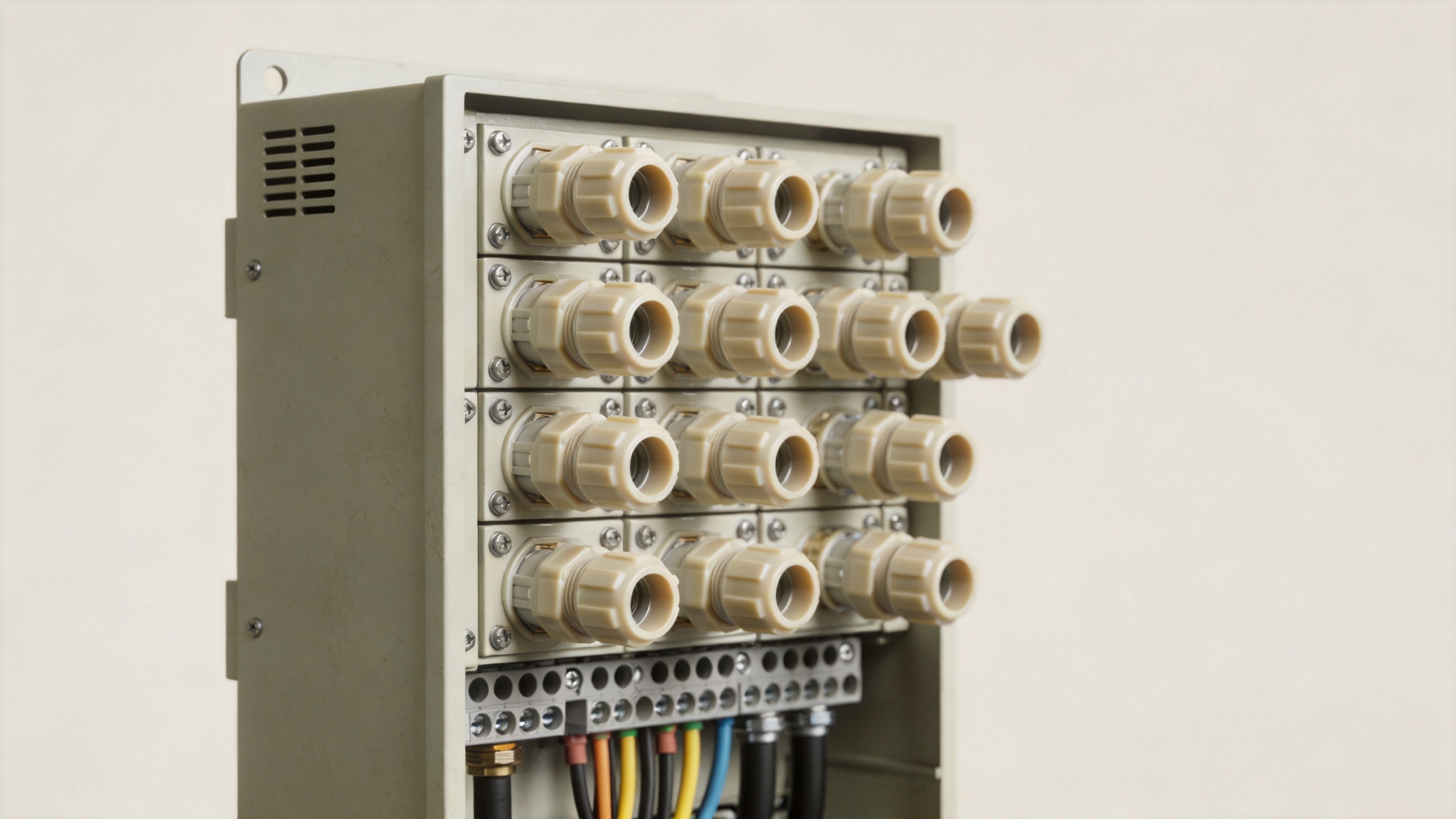Nylon cable glands installed on industrial control panel cable entry points