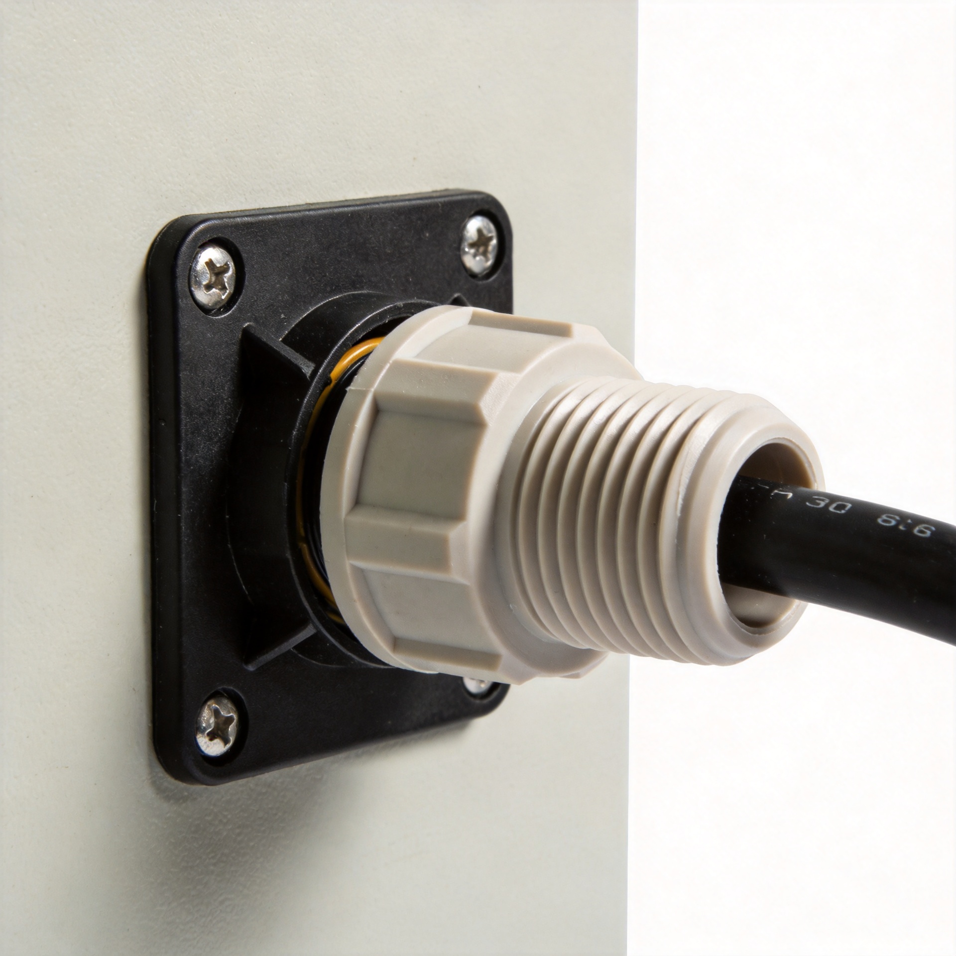 Cable gland installed on electrical enclosure panel showing strain relief and cable entry
