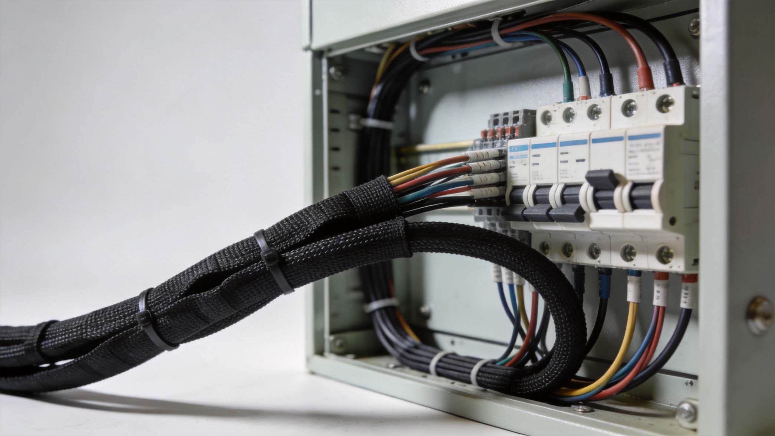 Split wire loom bundling industrial cables in a control panel