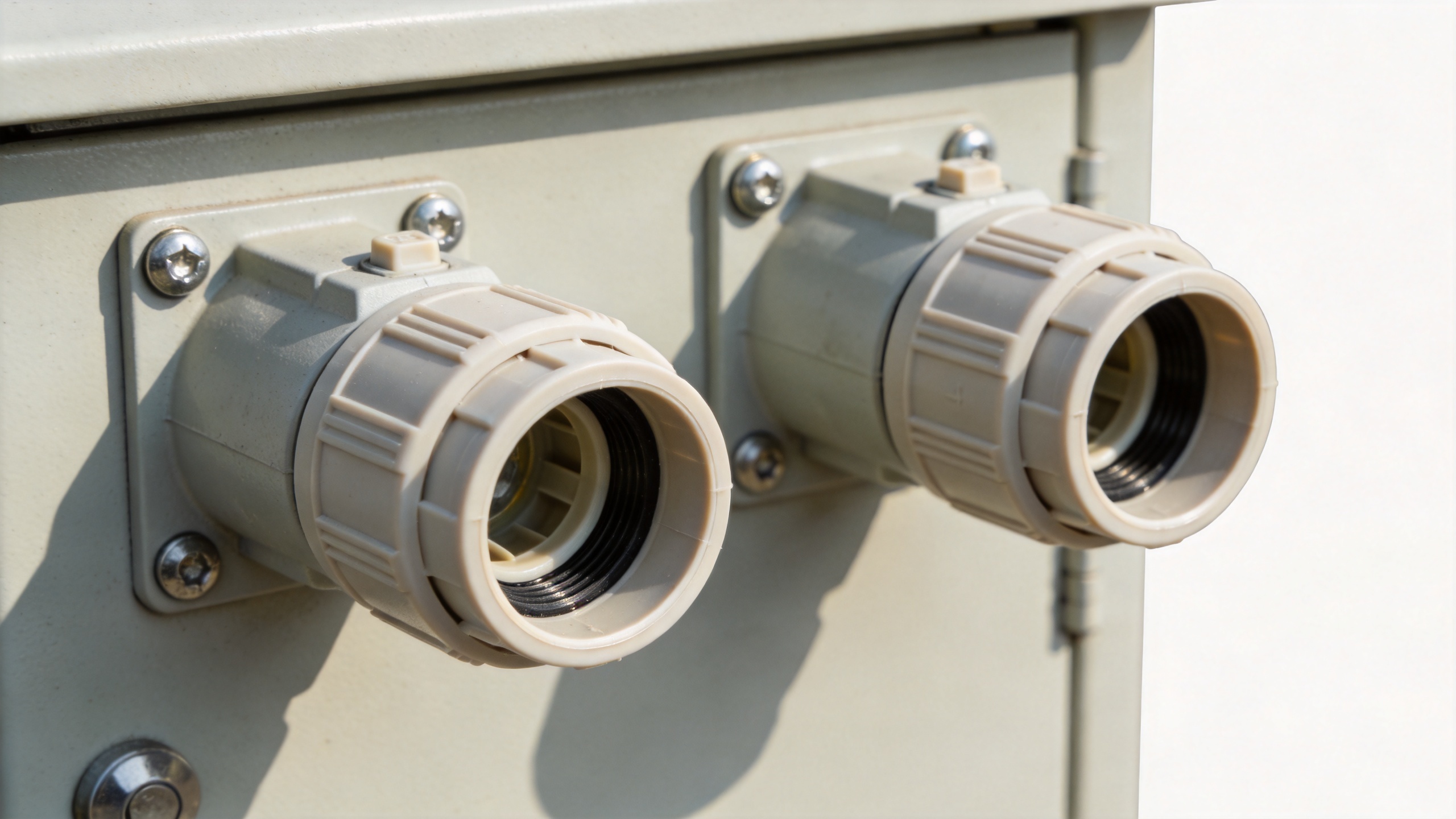 IP-rated conduit connectors on an industrial electrical enclosure panel