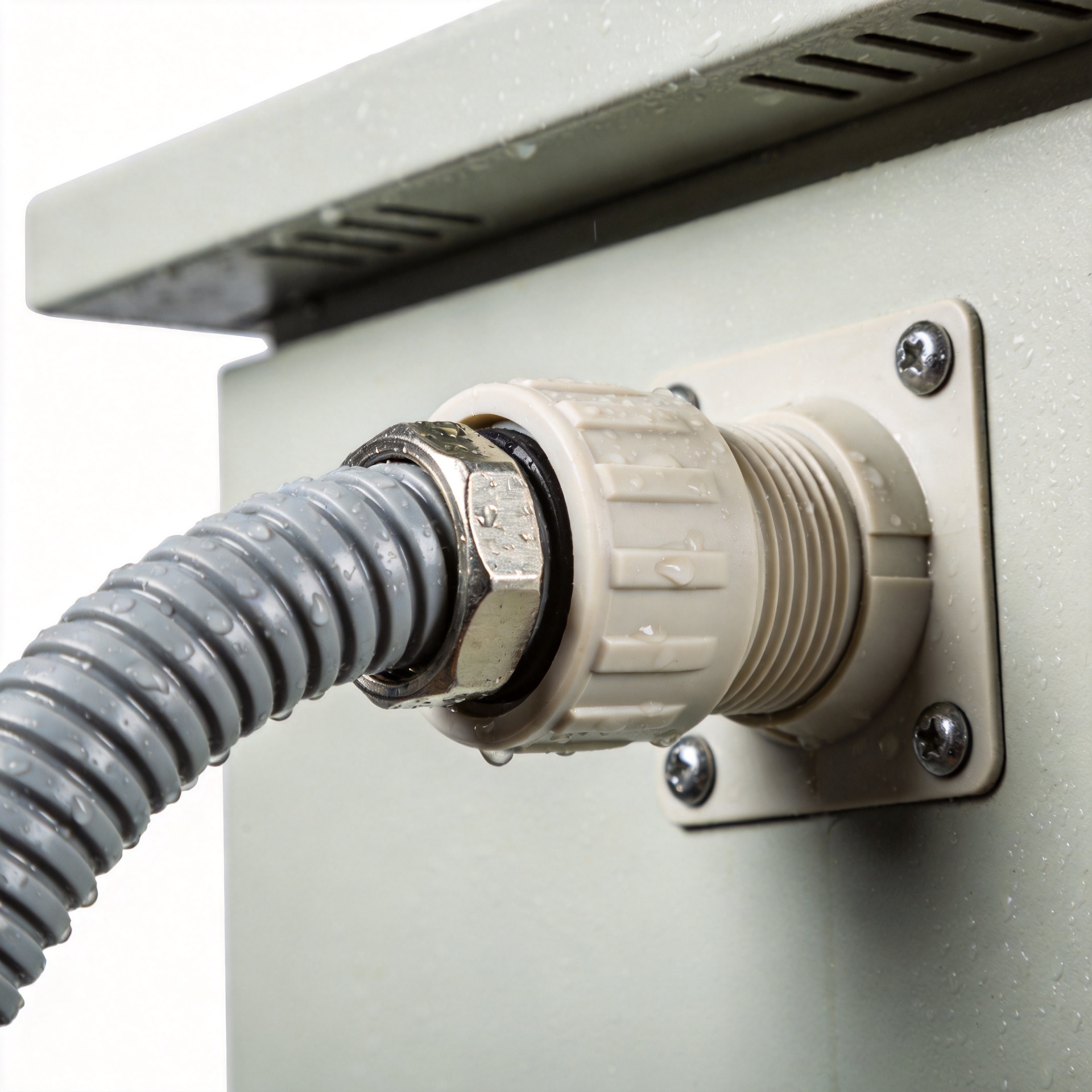 IP-rated conduit connector installed on outdoor industrial enclosure securing corrugated conduit pipe at panel entry