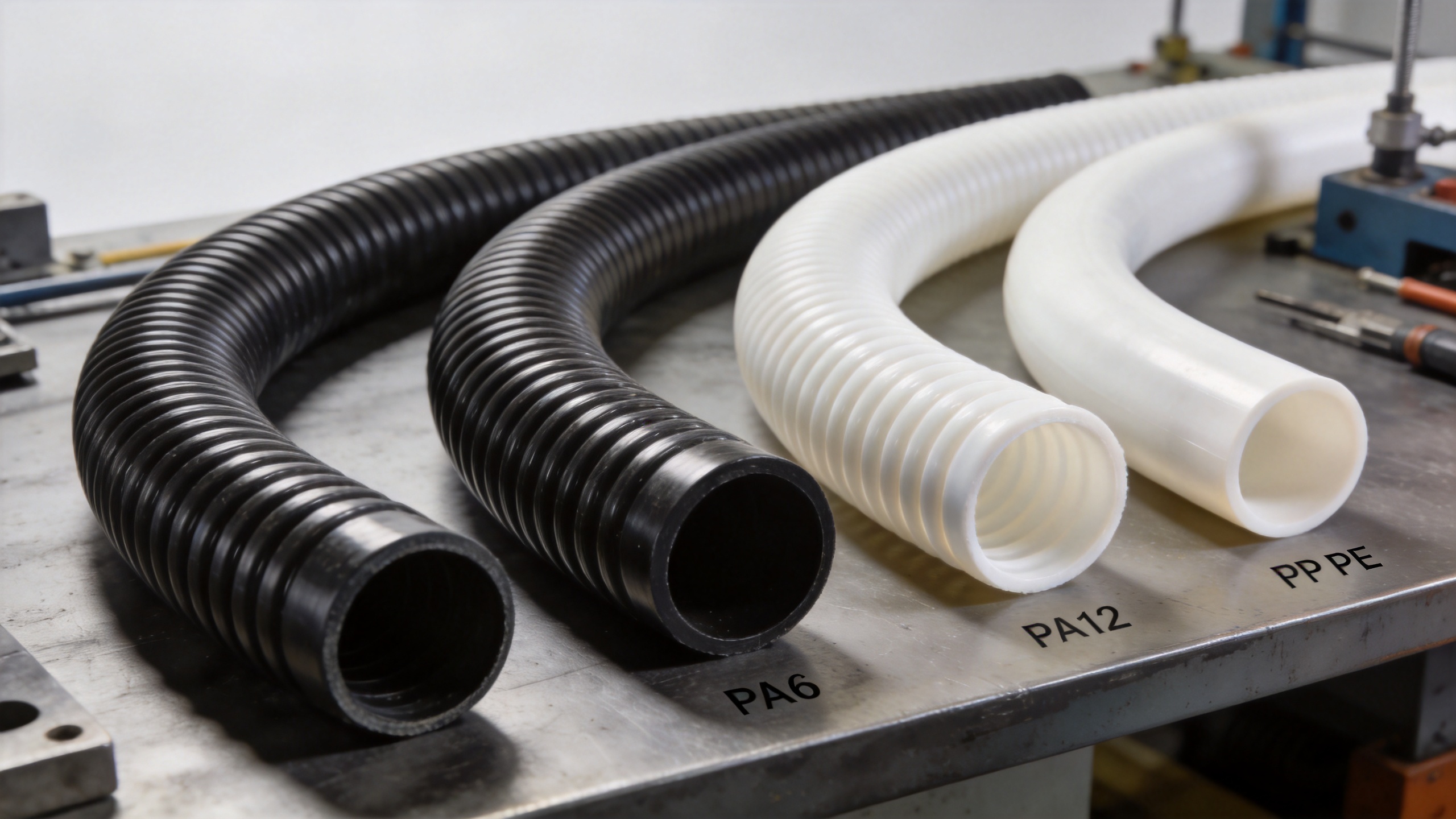 Corrugated pipe samples in different materials for industrial cable protection