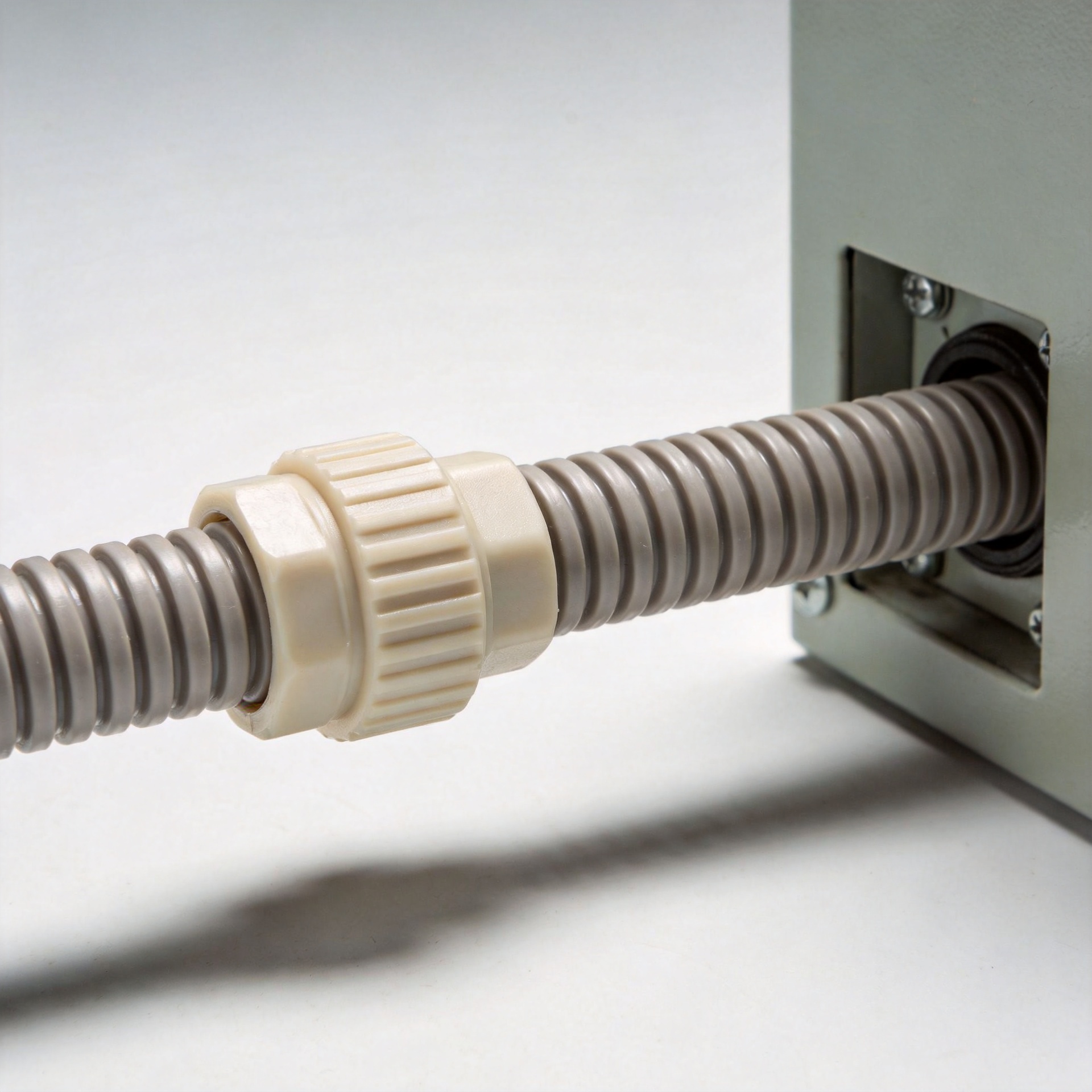 Polyamide conduit connector matched to corrugated flexible conduit pipe showing connector body and locknut engagement