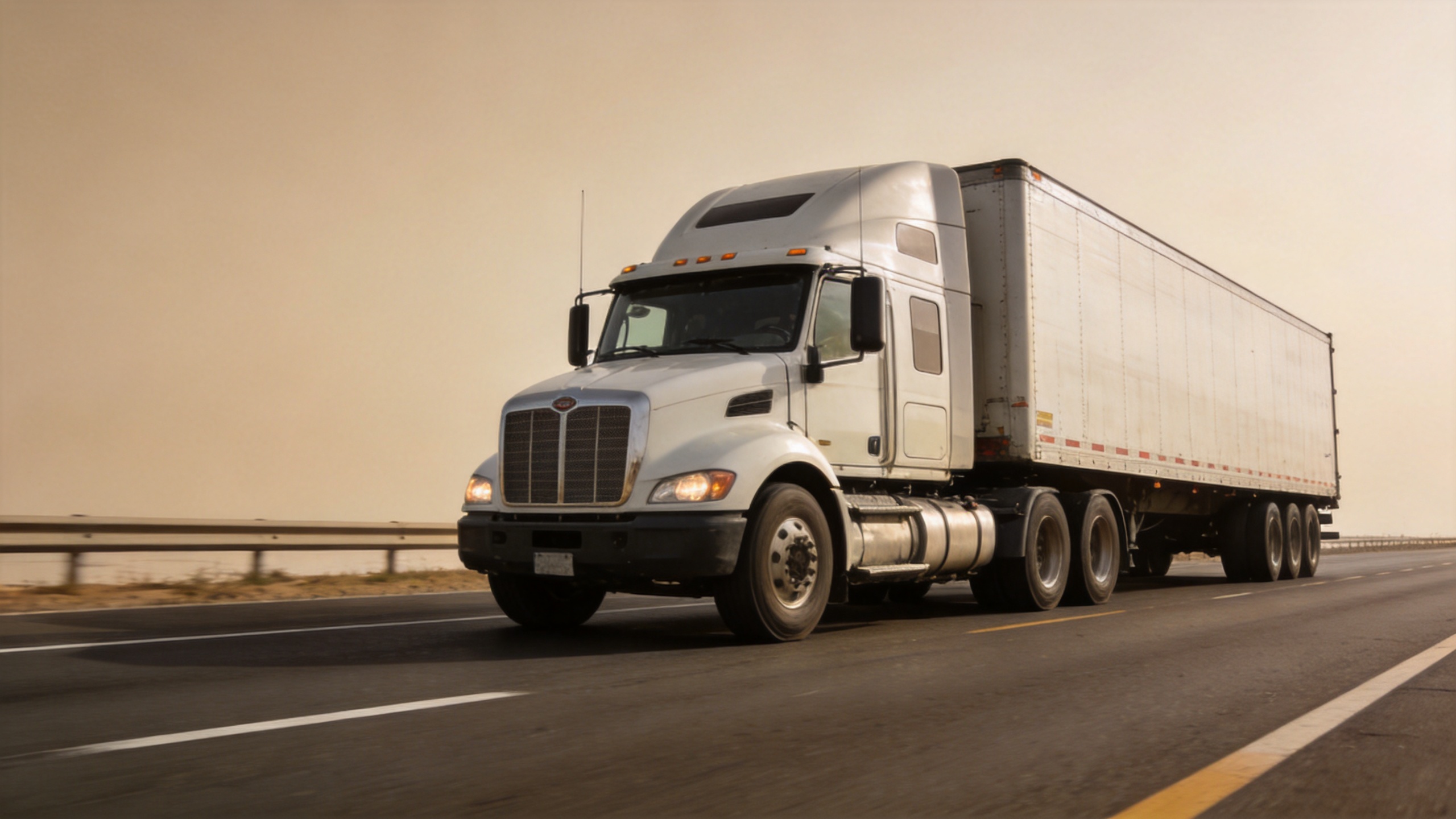 Tractor truck and semi-trailer combination showing trailer coupling articulation on highway