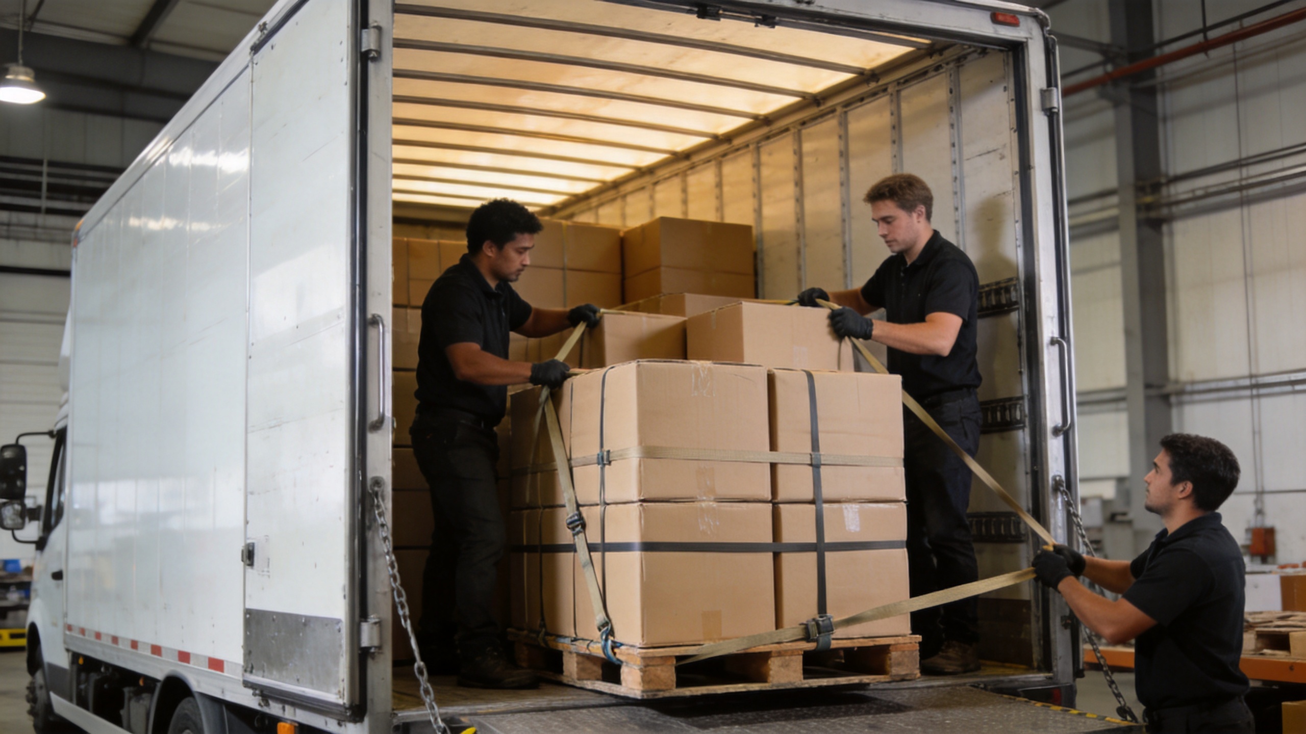 Enclosed van truck loading organized delivery cargo at a distribution depot