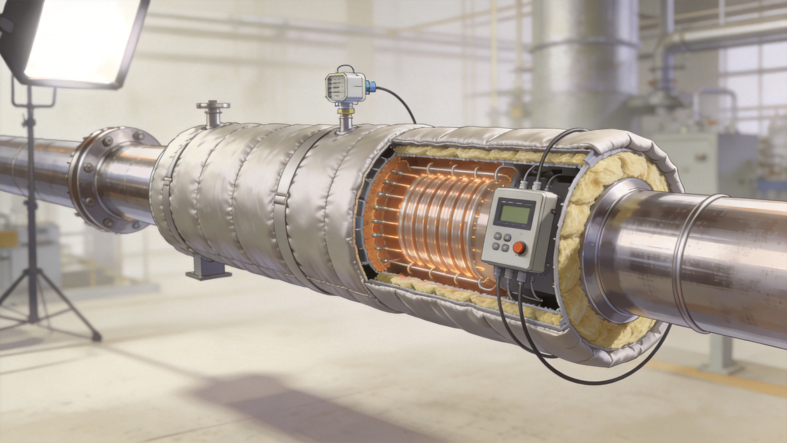 Heating jacket fitted around an industrial process pipe for controlled heat