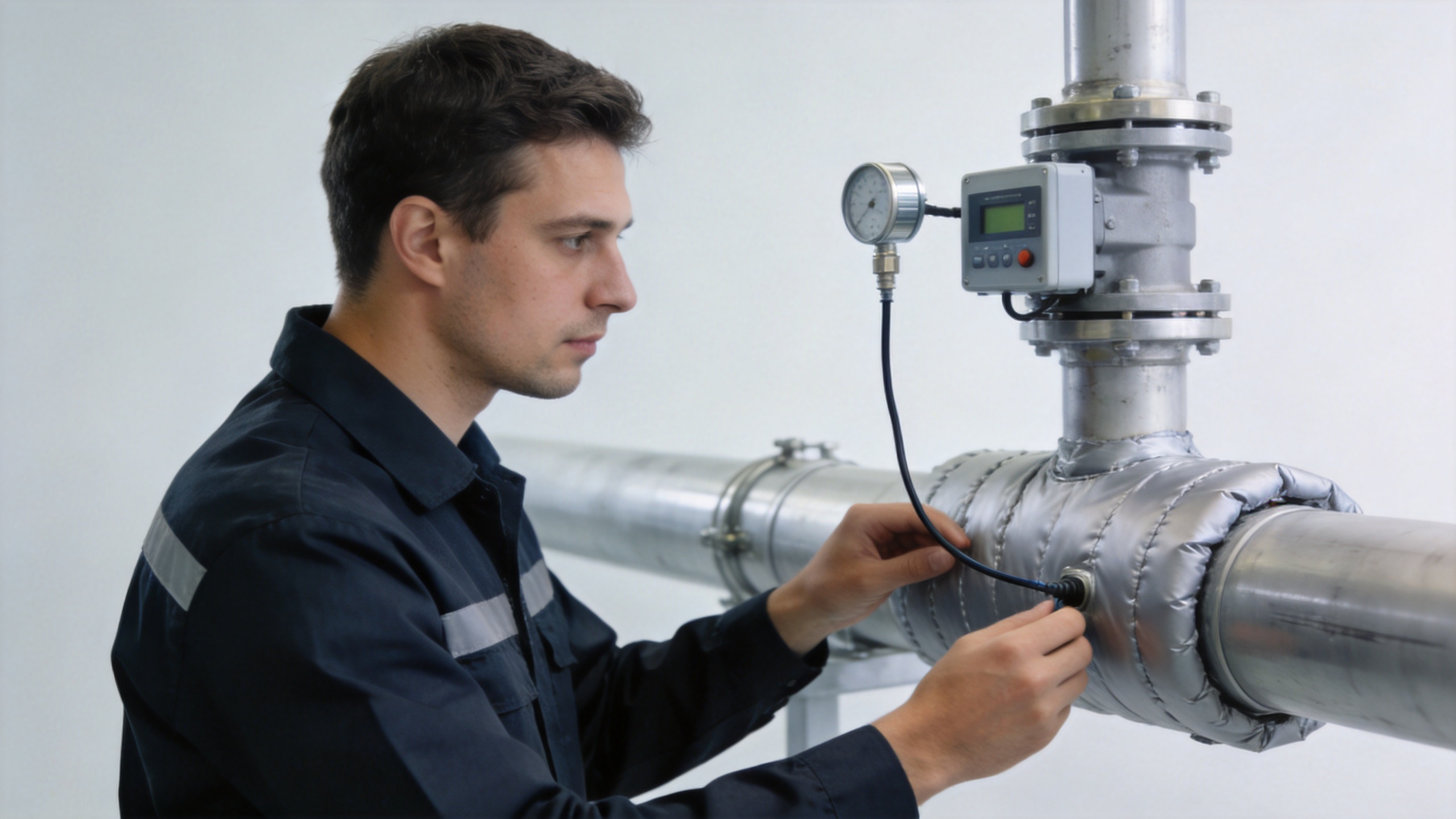 Technician inspecting a pipe heating system on semiconductor process piping