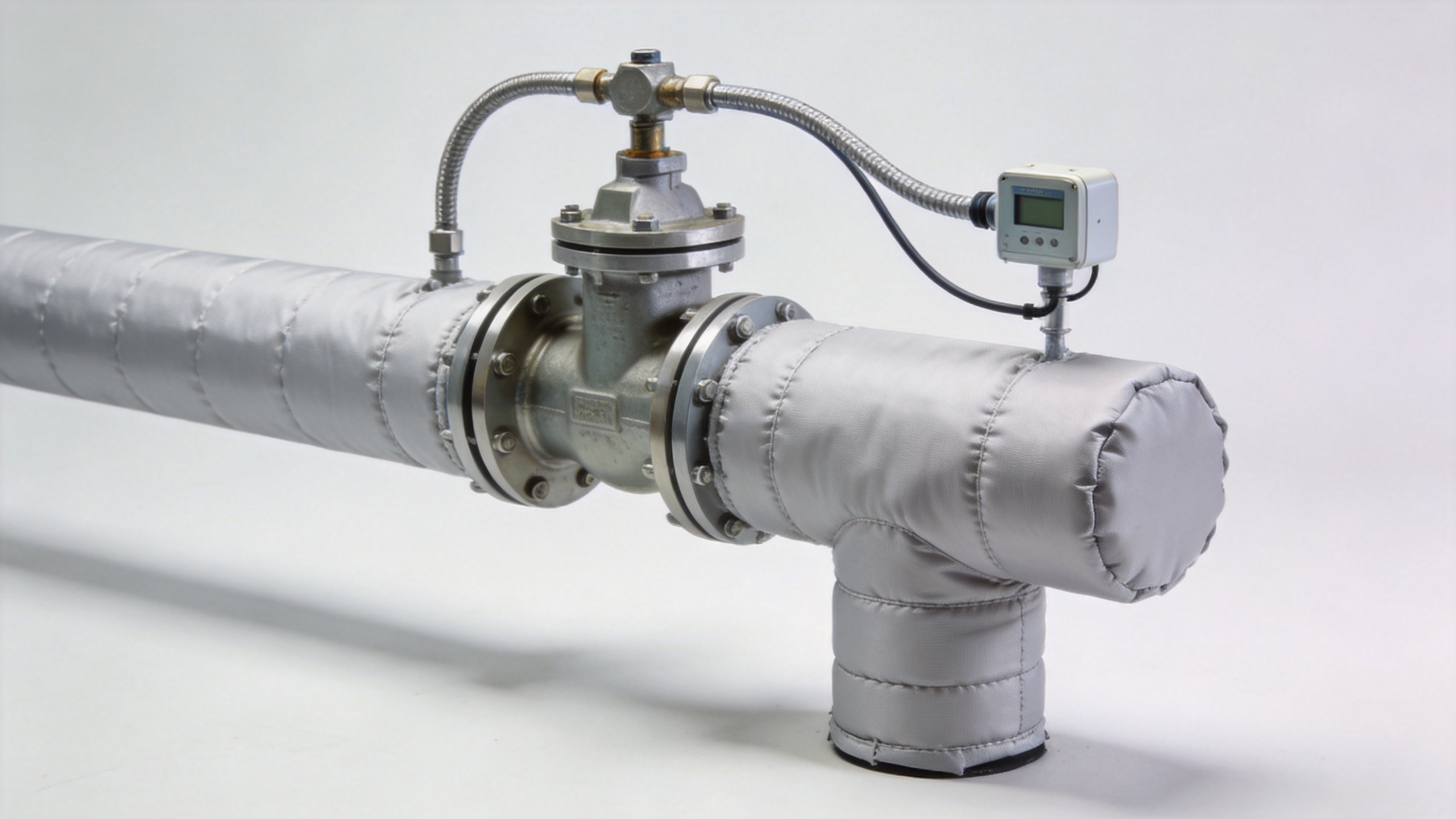 Removable heating jacket installed around an industrial gas line valve and flange